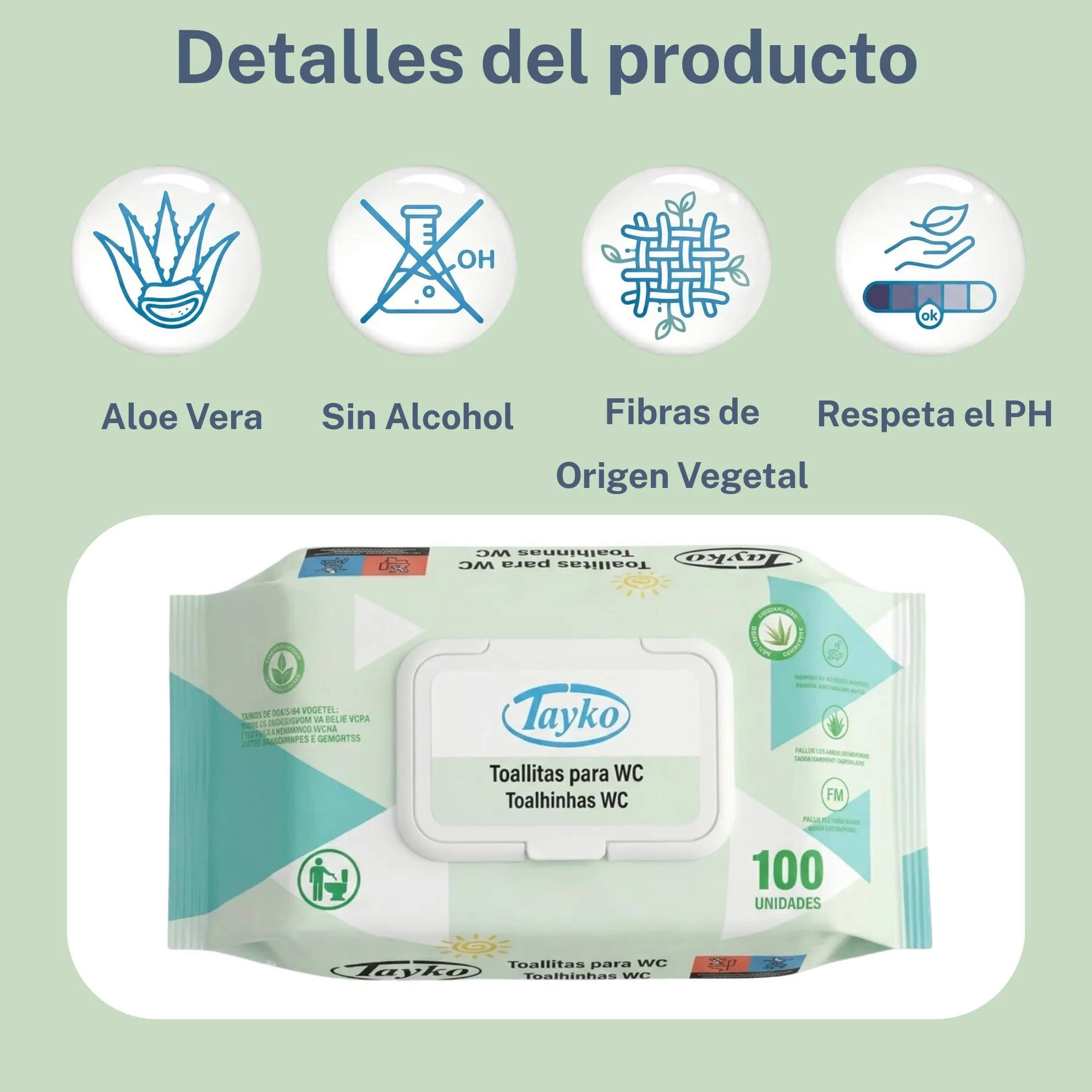 Tayko Toallitas Papel Higiénico Húmedo Aloe Vera 600 toallitas con Tapa Rígida Biodegradables