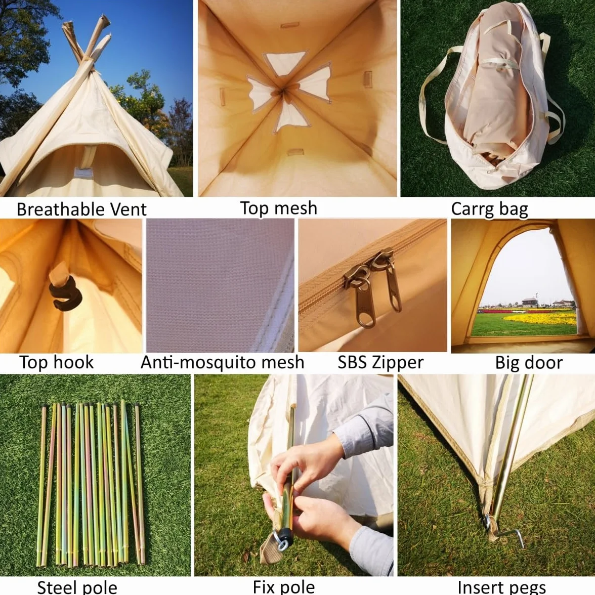 Tienda de campaña Tipi de lona para exteriores, 2 m, para 2 ~ 3 personas