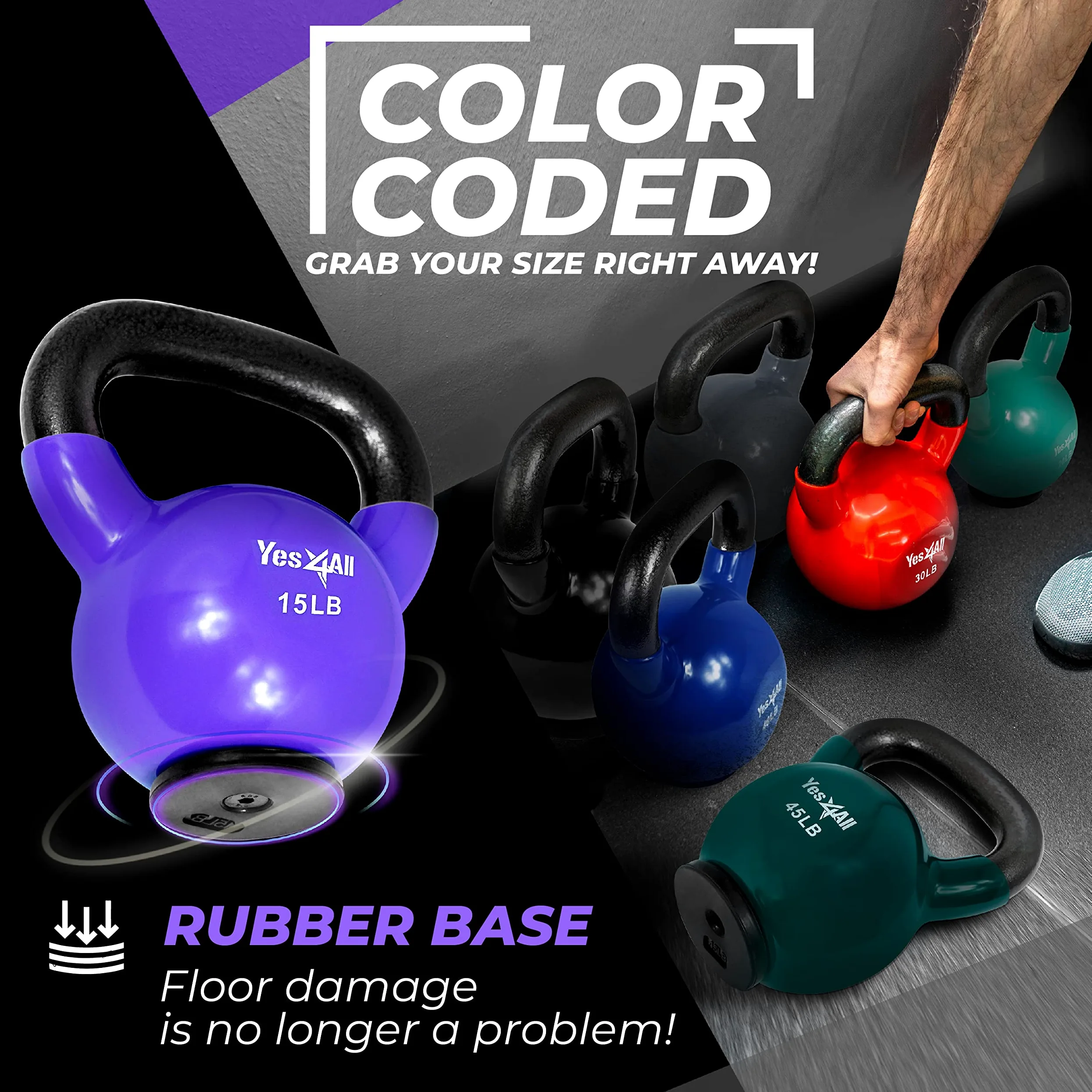 Yes4All 2-20kg Kettlebells de hierro fundido recubierto de vinilo con base de goma protectora