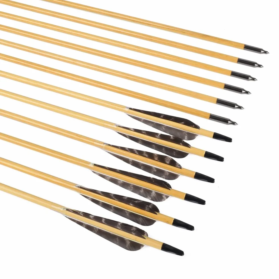 Juego de 12 flechas de madera de 80 cm, con plumas naturales de 100 cm, para tiro arco, hechas a mano, para arco tradicional recurvo