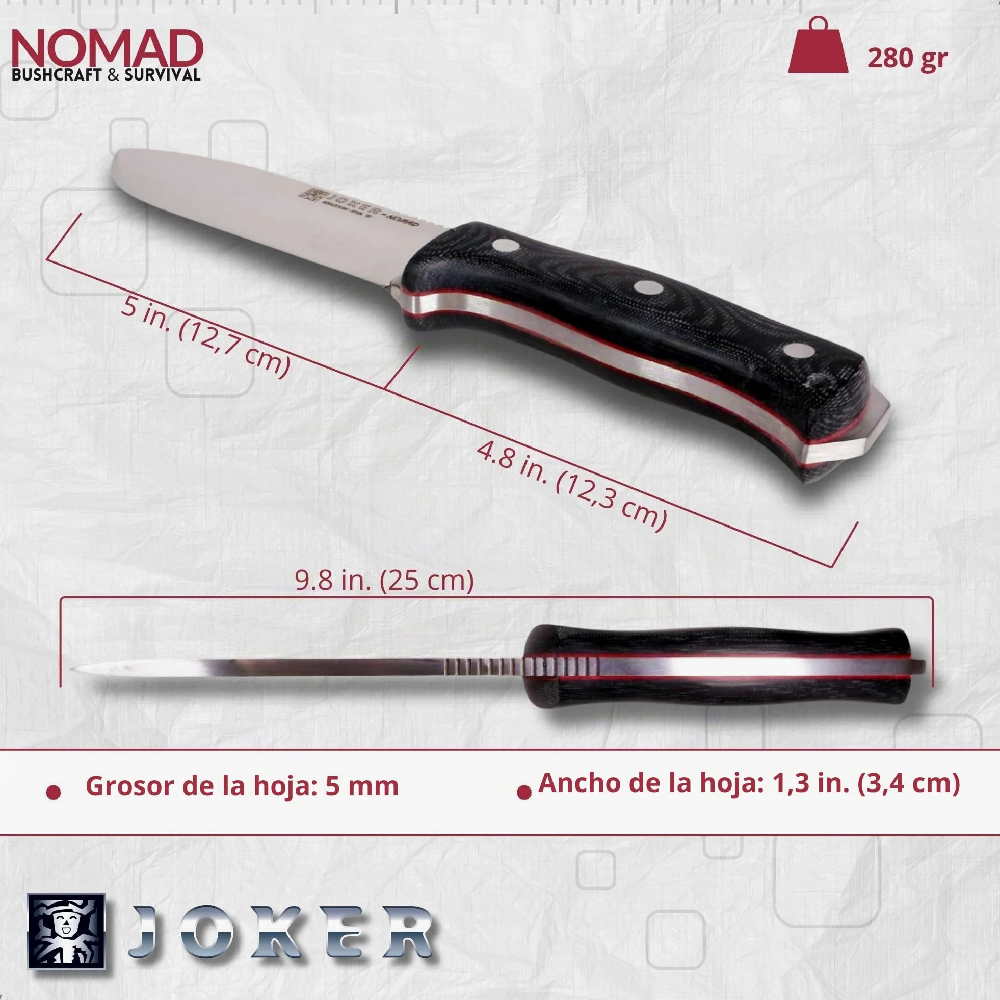 Joker Cuchillo Bushcraft Nomad CM125-P, hoja de 12,7 cm, mango micarta canvas, funda piel de color negro con pedernal, Herramienta de pesca, caza, camping y senderismo