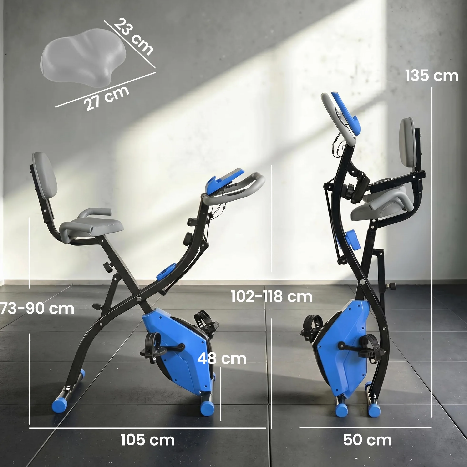 HOMCOM Bicicleta Estática Plegable 3 en 1 con Respaldo y 8 Niveles Resistencia Magnética, Bicicleta Estática para Casa Ajustable con Monitor LCD Volante Banda Sensor de Pulso Soporte de Teléfono