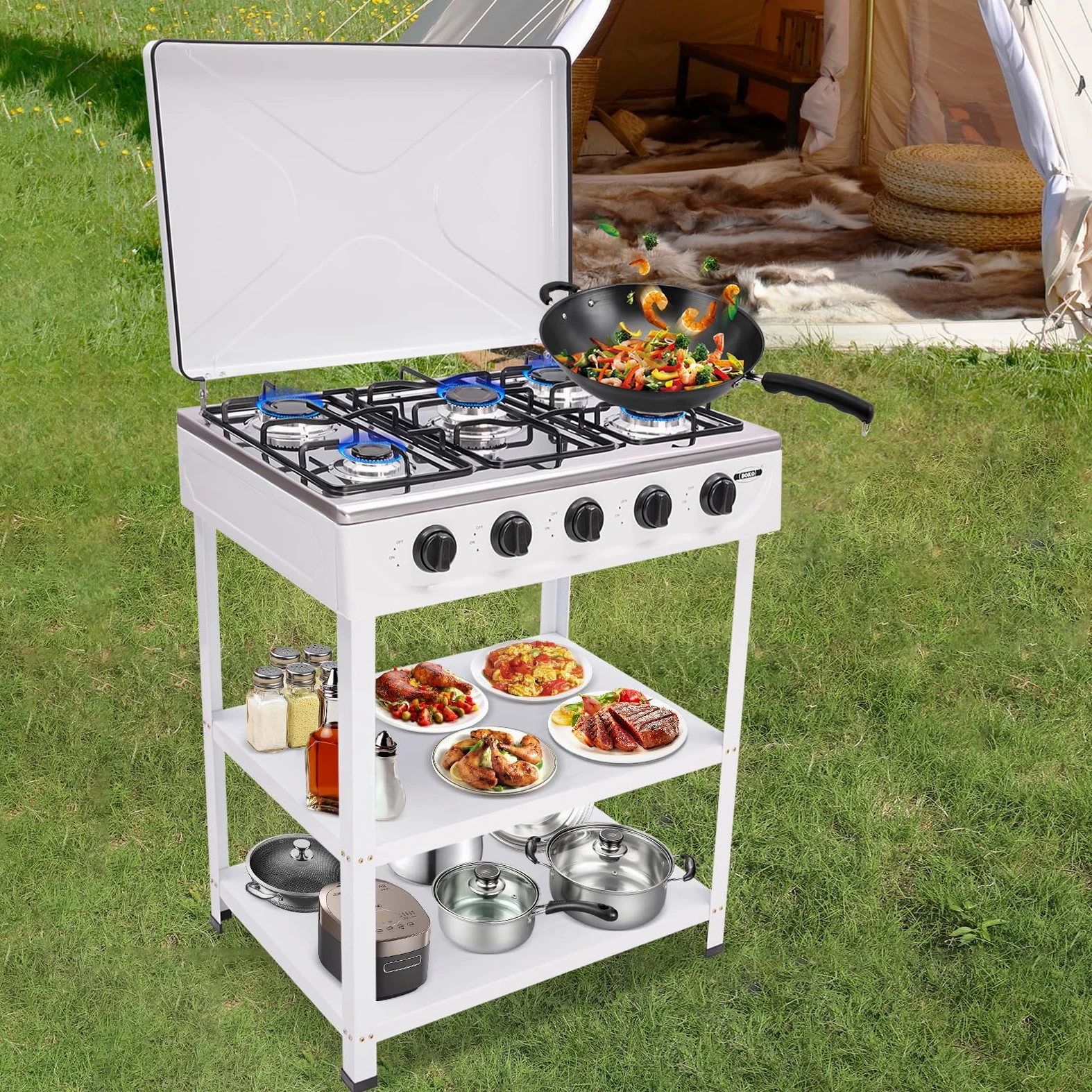 Hornillo de gas para camping independiente, 5 quemadores, portátil, para camping, cocina de gas natural, con 2 estantes, 2,5 kW, para autocaravana, camping (blanco)