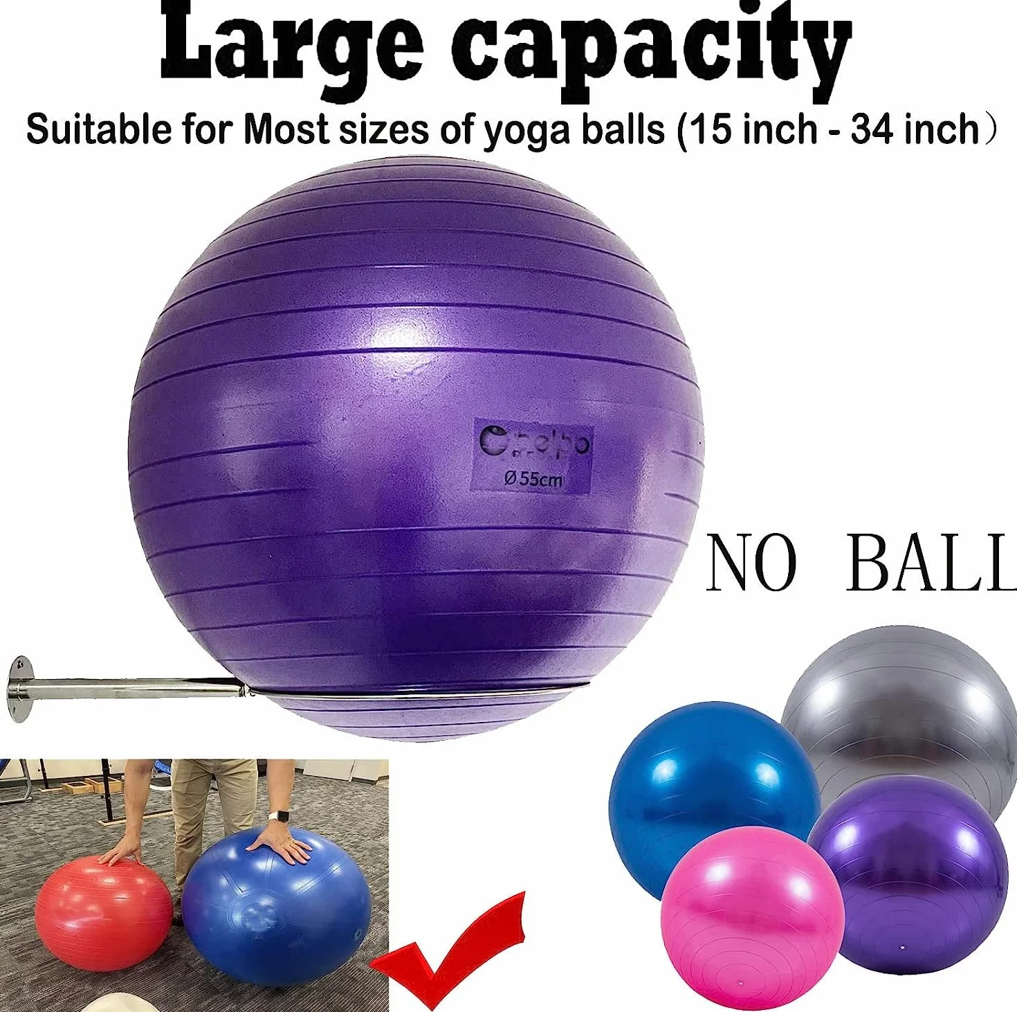 Soporte de bola de ejercicio de acero inoxidable montado en la pared, estante de almacenamiento resistente para bolas de yoga, soporte de exhibición de bolas de estabilidad