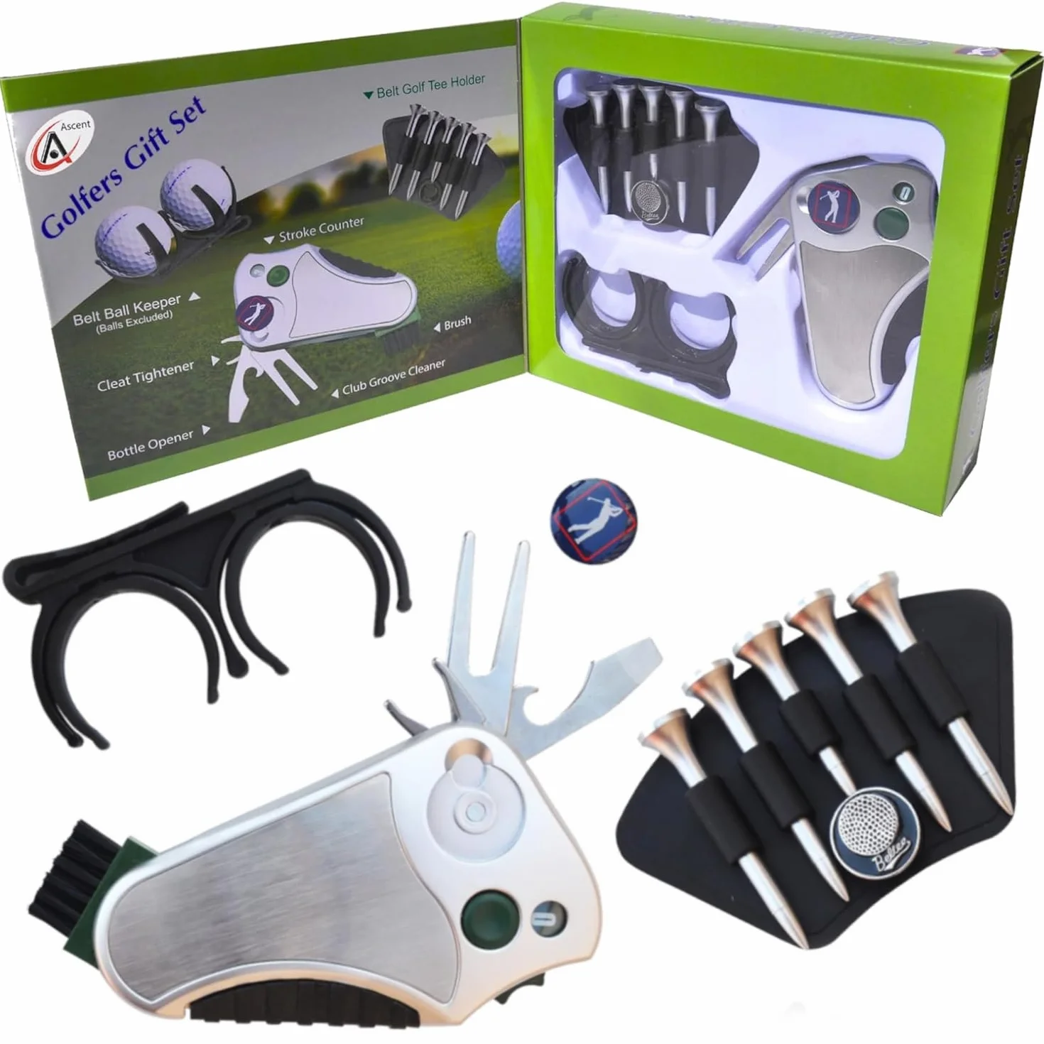 Juego de regalo de golf: herramienta contador de golpes, reparación de divot, cepillo, marcador de bola, tensor de tacos, limpiador de ranuras