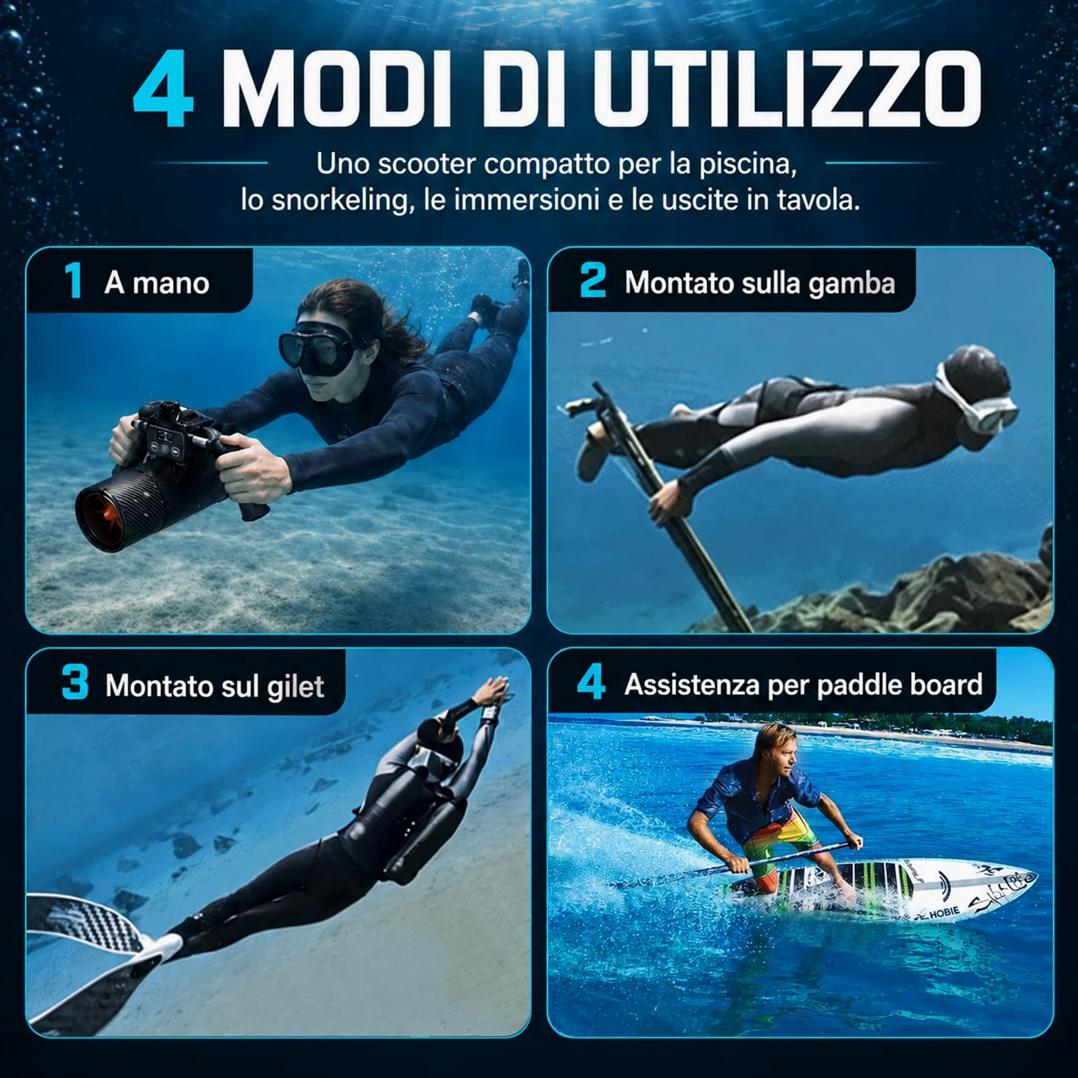 Sea Scooter 650W, Velocidad 7 km/h y Profundidad 40 m, Empuje Potente para Entrenamiento en Piscina Adultos, Snorkel, Equipo de Buceo y Alternativa a Flotadores de Piscina