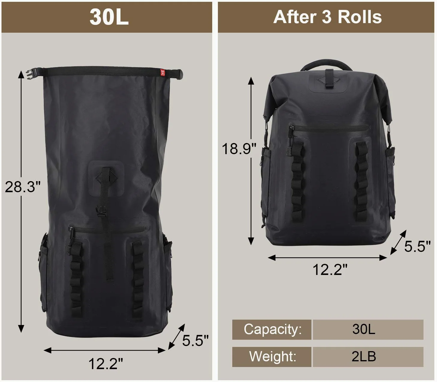 MIER Mochila Impermeable Dry Bag Resistente con Cierre Enrollable para Kayak, Playa, canotaje, natación, Surf, 30 L, Black, Bolsa Seca