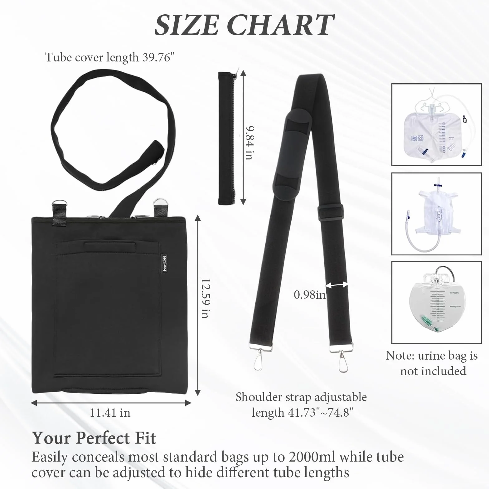 Portador Bolsa Sonda 2000ml con Cubierta Discreta para Tubo de Catéter, Correa Ajustable, Negro
