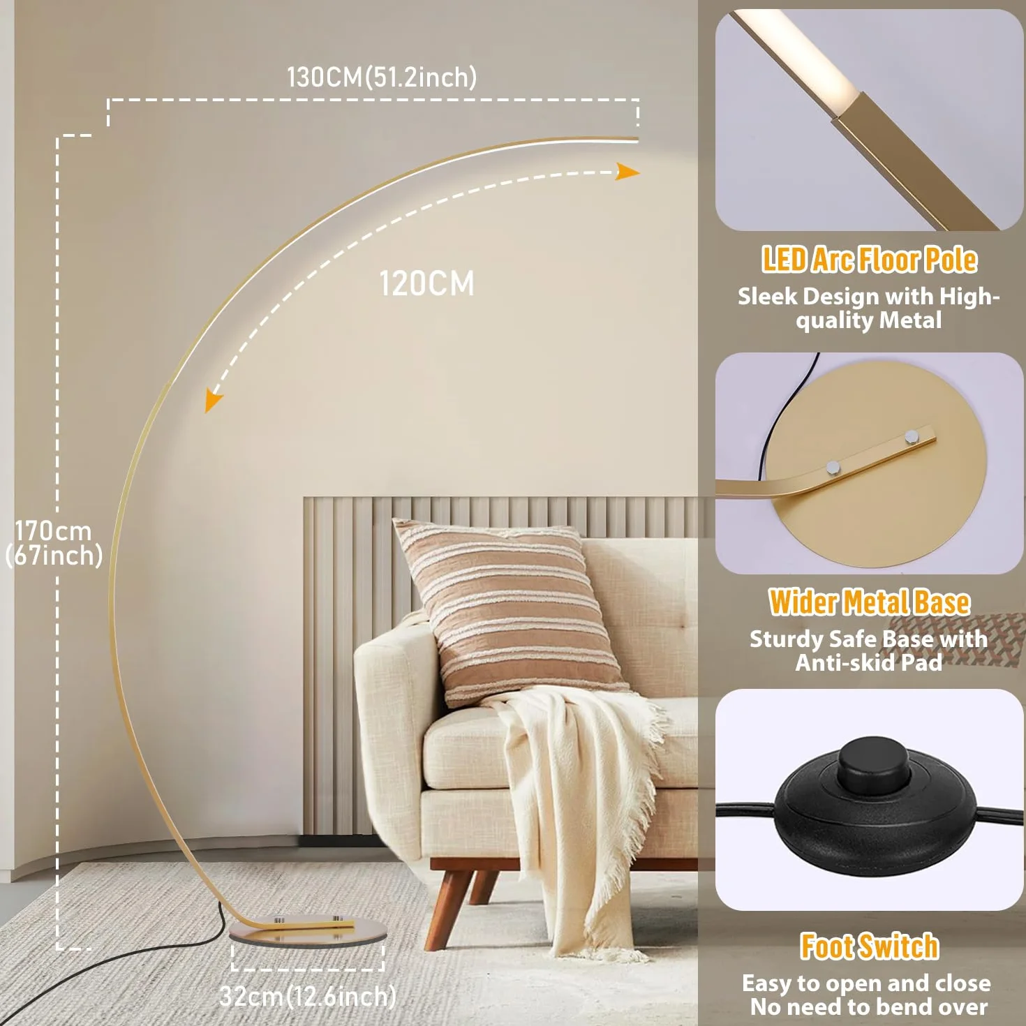 Lámpara de Pie LED 25W Regulable con Mando a Distancia Arco 165cm Dorado