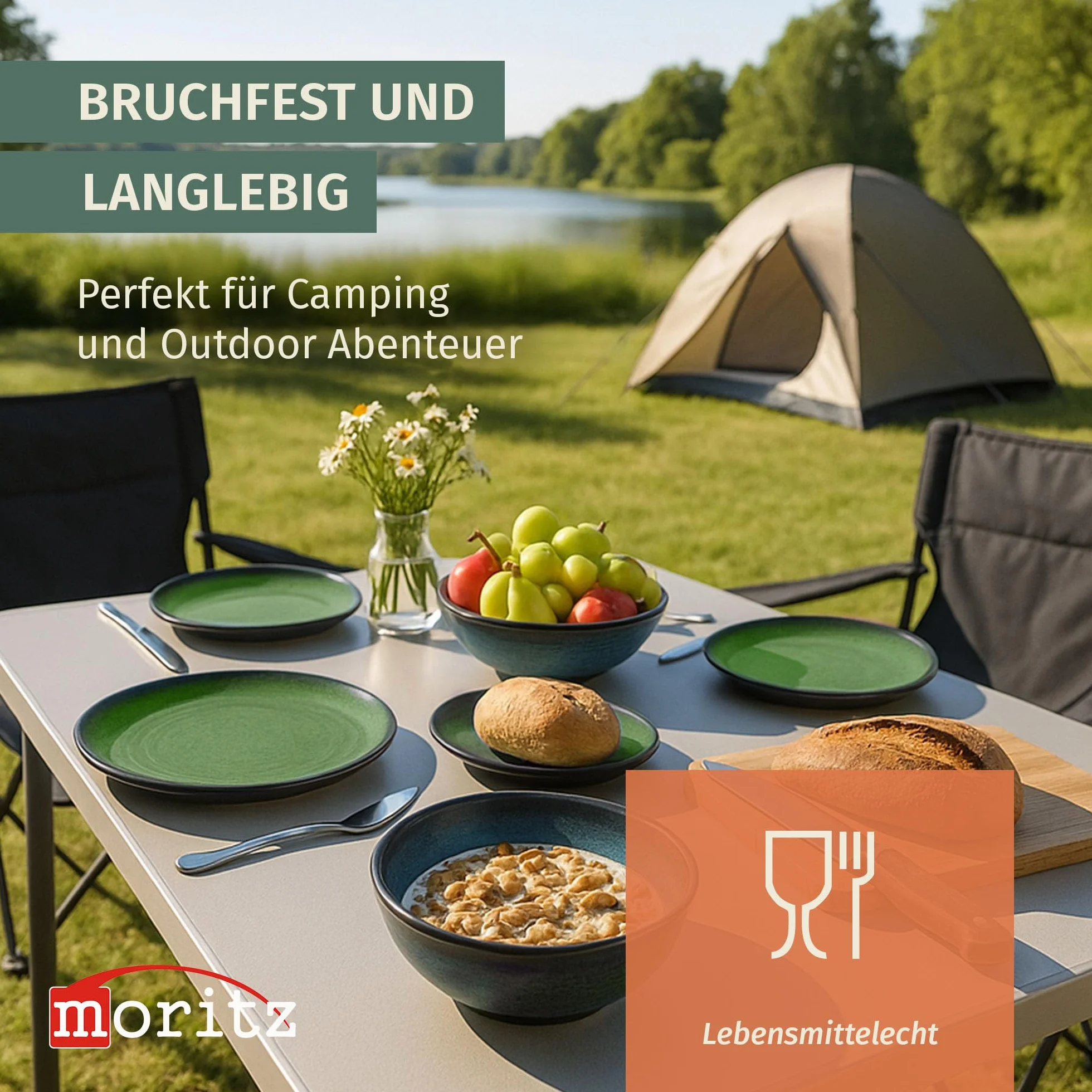 Juego de vajilla de melamina para camping, 4 personas, color verde piedra + 4 tazas de piedra tazas de café, vajilla de pícnic, barbacoa