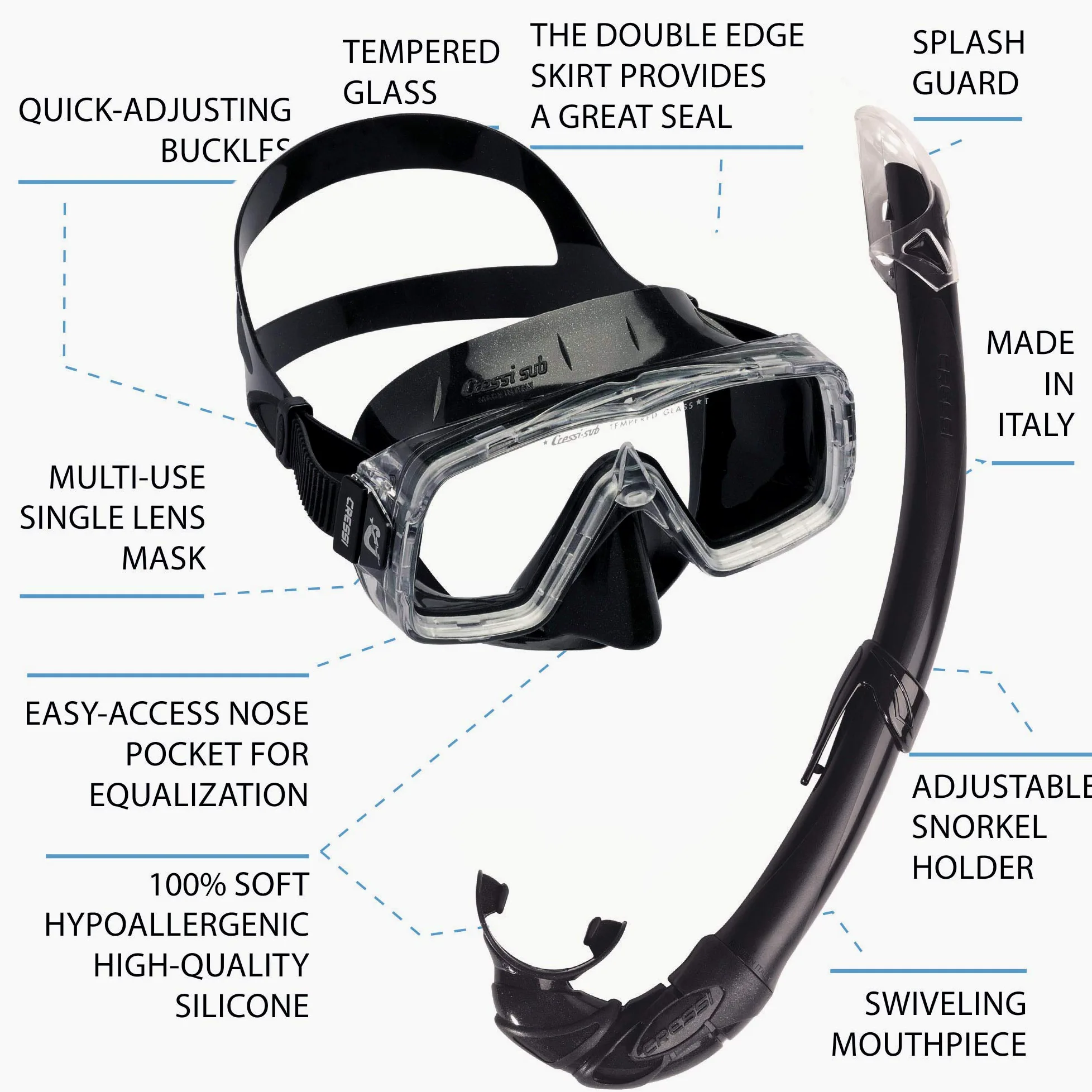Cressi Máscara Sirena & Tubo - Conjunto Combo de Snorkel Made in Italy