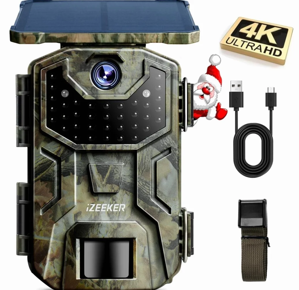 iZEEKER Cámara de Caza Solar, 4K 30fps 48MP Cámara Caza Nocturna con Batería de 2600 mAh 850nm IR LED Brillo Impermeabile IP66 para Vigilancia de la Vida Silvestre y Seguridad Interior