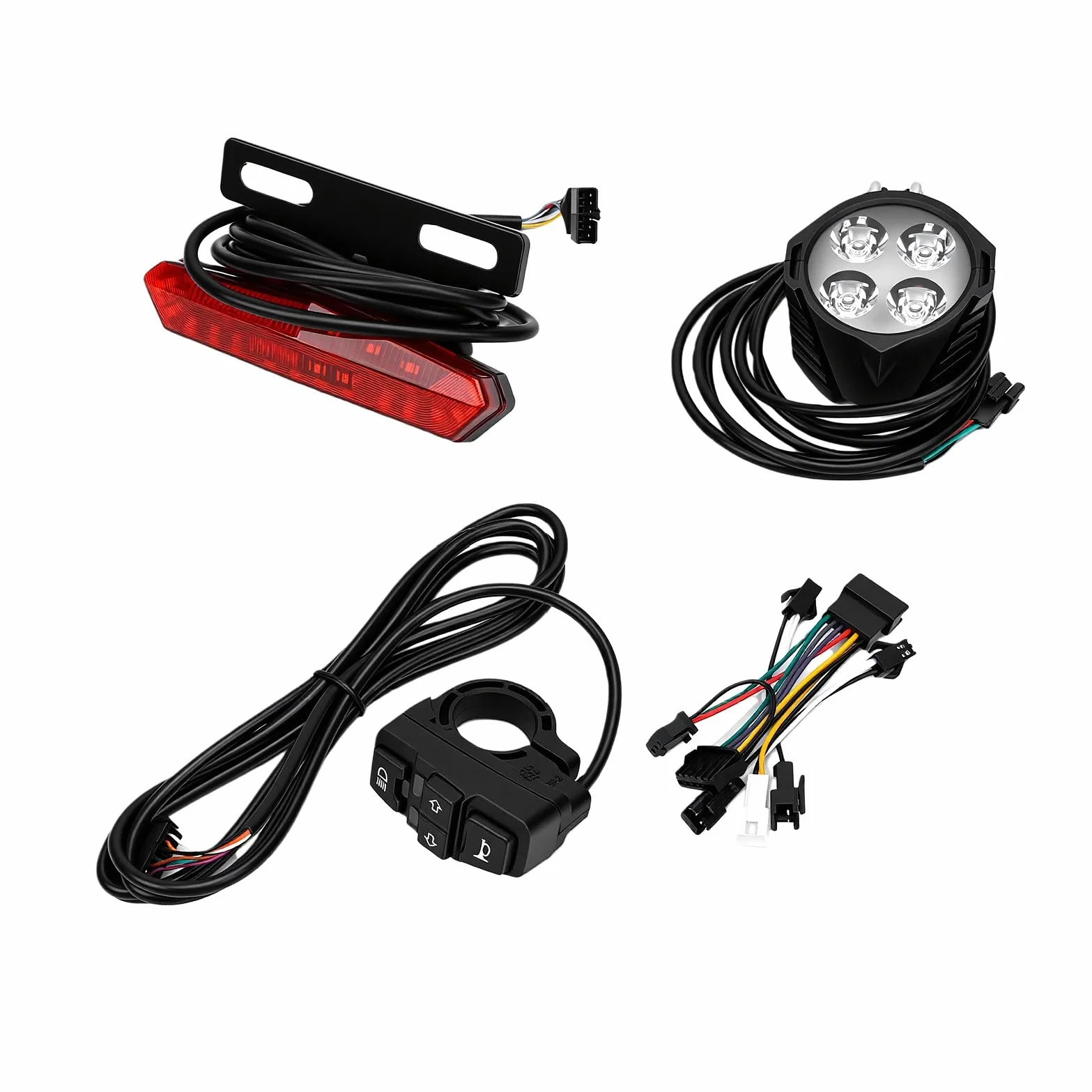 Alomejor Luces para Bicicleta Juego de Luces para Bicicleta Eléctrica con Faro LED y Luz Trasera, Lámpara Delantera de 4 LED de 400 LM con Bocina e Interruptor de Control del Manillar para Viajeros