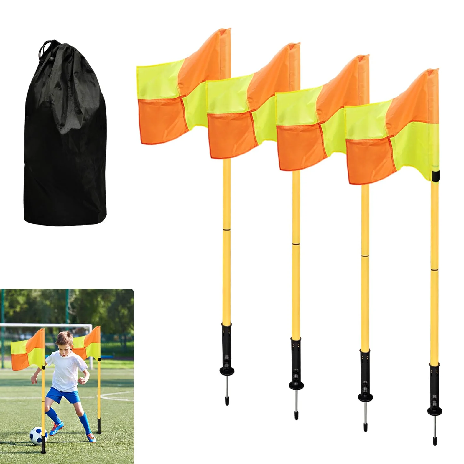 Juego de 4 banderas de esquina de fútbol, postes de entrenamiento de 5 pies para campo de fútbol, postes de bandera de esquina portátiles para entrenamiento de velocidad y agilidad, equipo de campo y