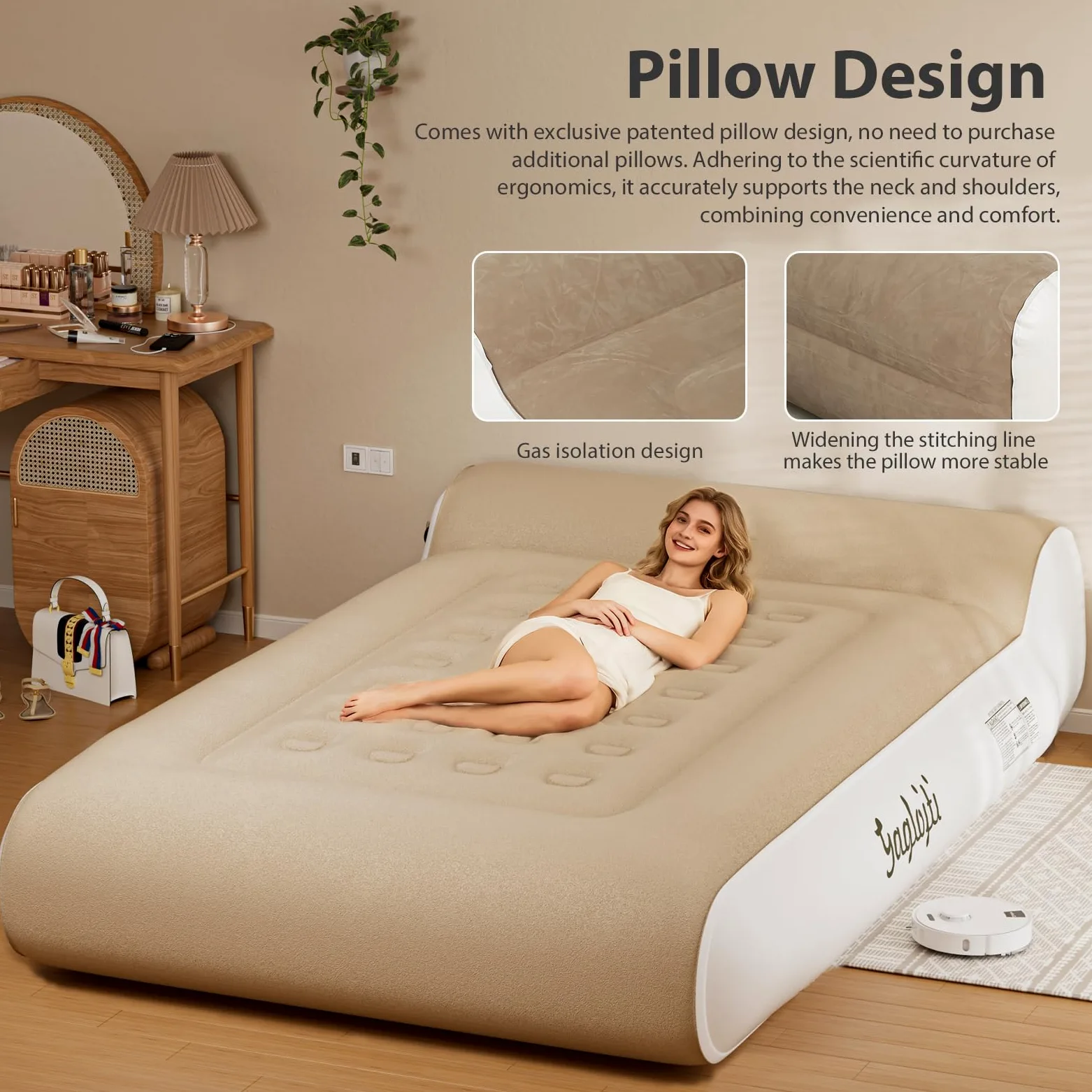 Colchón de aire de 16 pulgadas con bomba integrada, funciones de inflado y desinflado, colchón inflable con bolsa de transporte para invitados, viajes, camping y hogar, 650 libras máximo