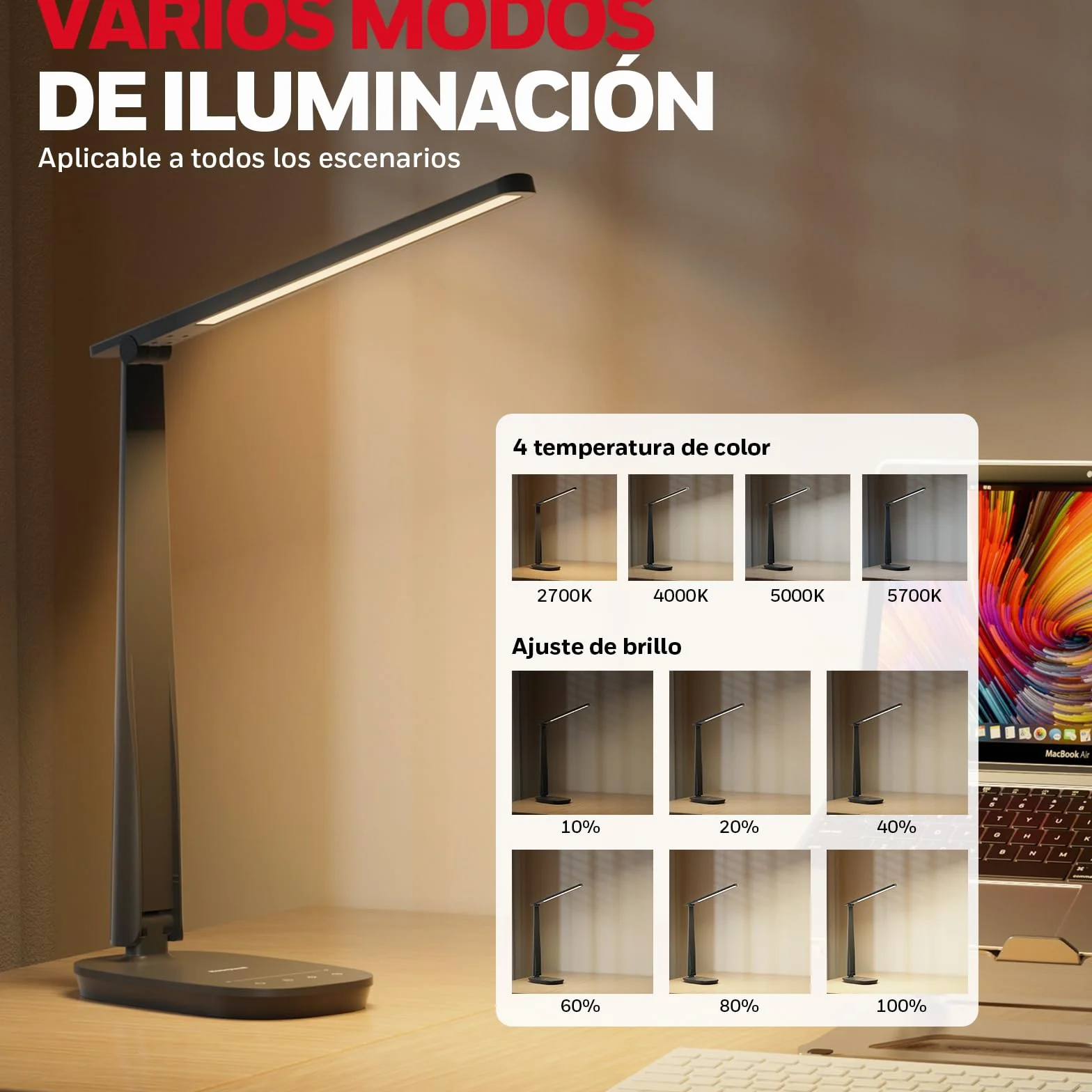 Honeywell HWT-H2 Lámpara de Escritorio LED, Luz de Espectro Completo CRI94, Lámpara de Mesa Regulable con Puertos USB-A y USB-C, Control Táctil, Lámpara Plegable para Oficina, Lectura y Estudio, Negro