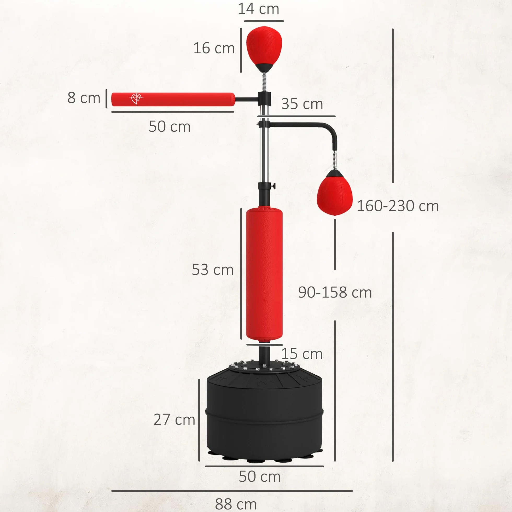 HOMCOM Saco de Boxeo de Pie 160-230 cm 360° Barra Giratoria 2 Bolas de Velocidad Base Rellenable Punching Ball Adultos Niños MMA Muay Thai