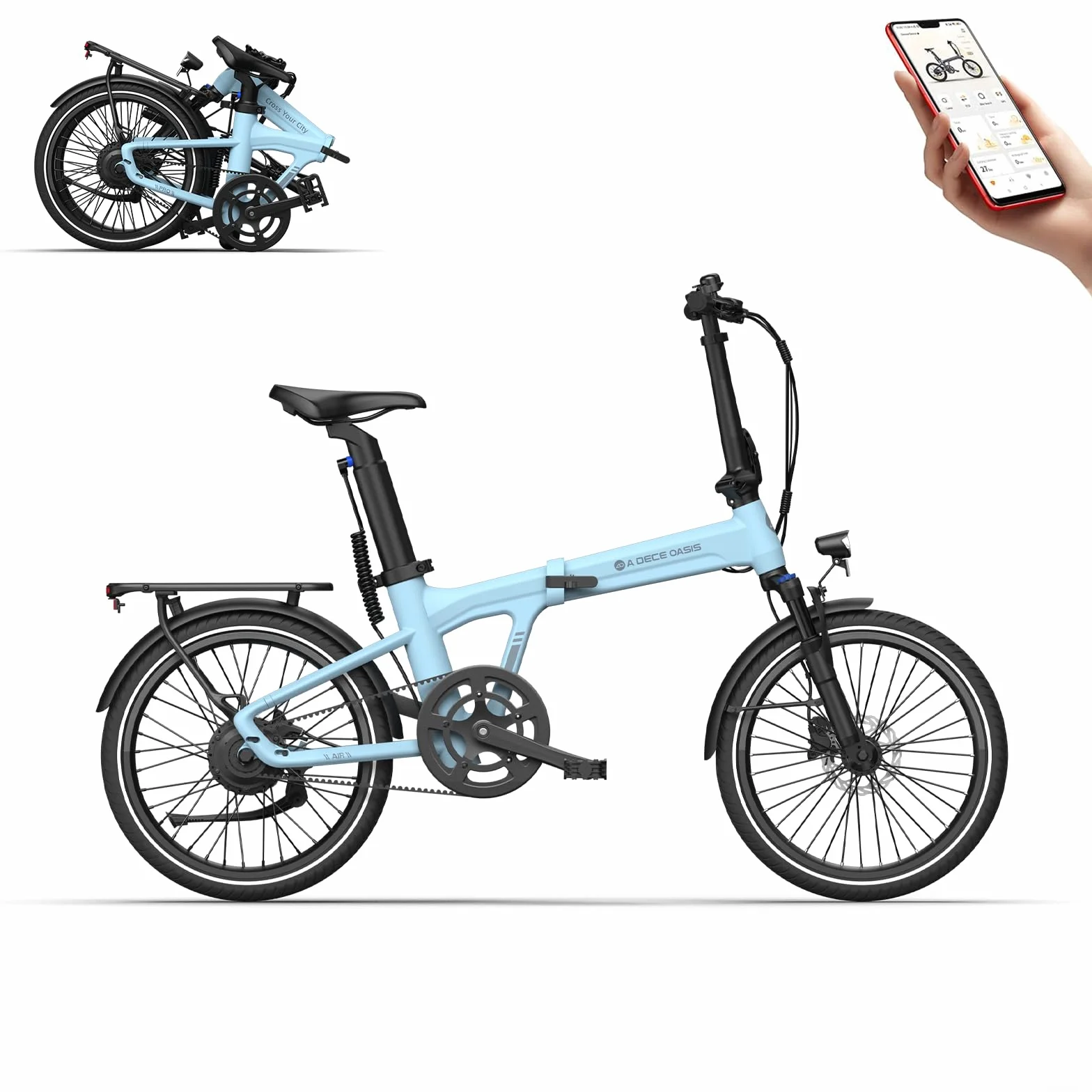 A Dece Oasis Ado Air20S V26 Bicicleta Eléctrica Plegable, E-Bike Ultraligera 20'' con Suspensión, Motor 250W/50Nm, Autonomía 100km, App Ado, Pantalla IPS de 2,4'',Incluye Cesta Delantera