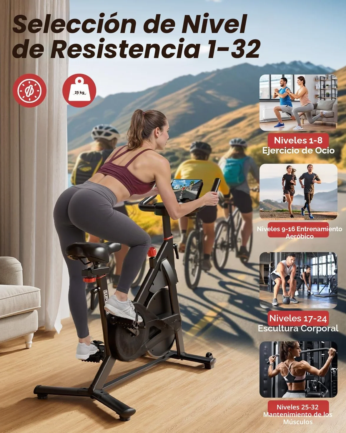 Superun Bicicleta Estática para Interior, Bicicleta Estacionaria con Resistencia Magnética Ajustable, Bicicleta Estacionaria con Pantalla LCD y App, Capacidad de Carga de 136 kg
