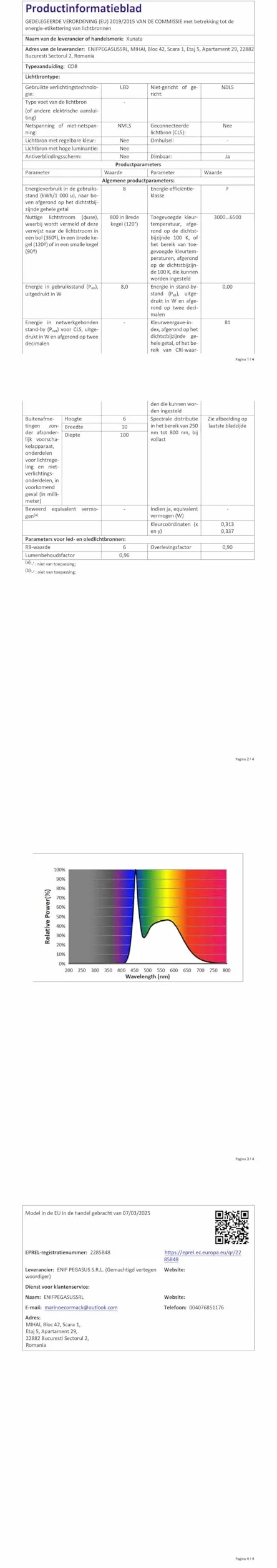 XUNATA Cable de Alimentación para Tira de LED COB, 288LEDs/m, 360LEDs/m, Blanco, 40 cm