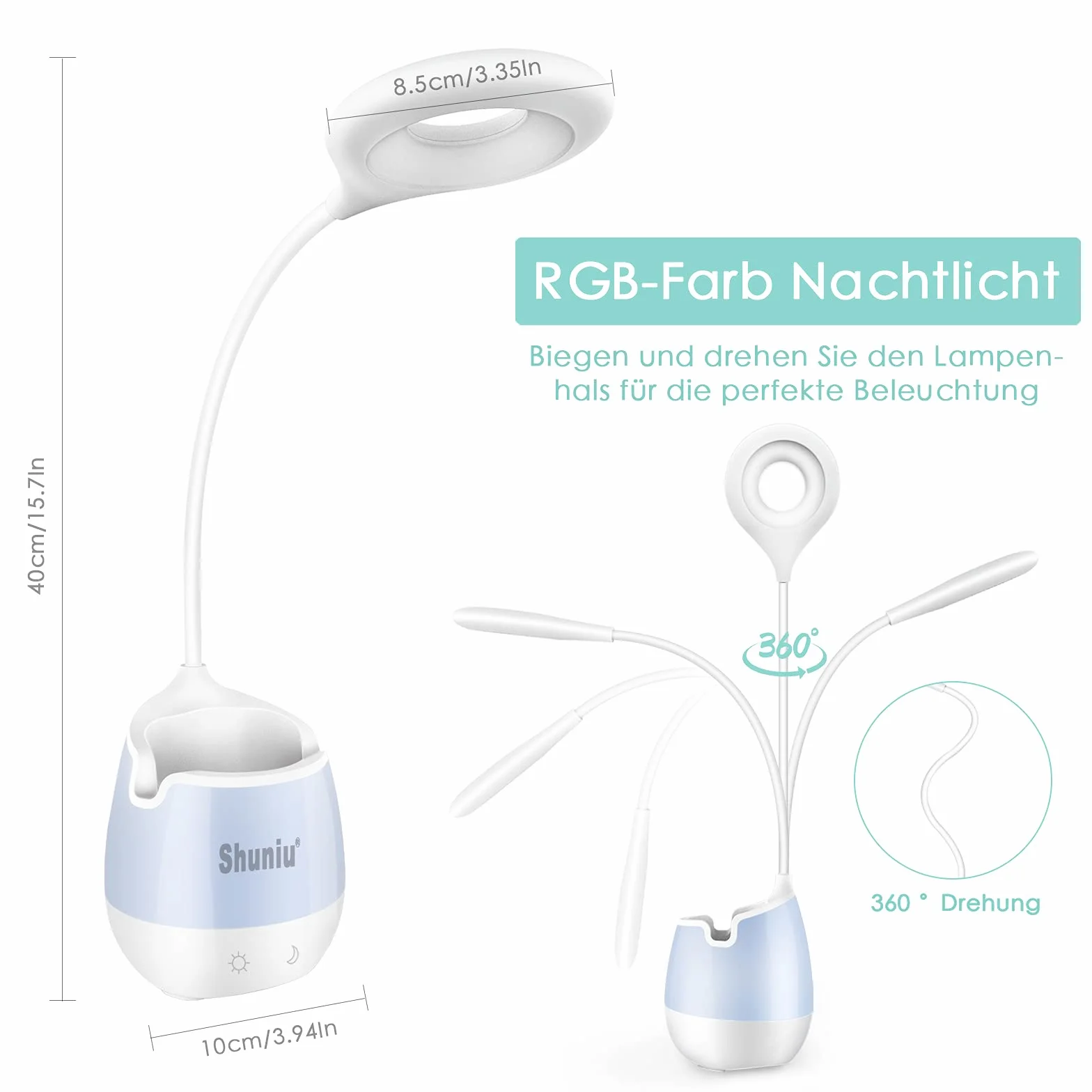 Lámpara de escritorio LED Shuniu 360° flexible 20 LED 3 niveles de brillo luz nocturna RGB con soporte para teléfono móvil