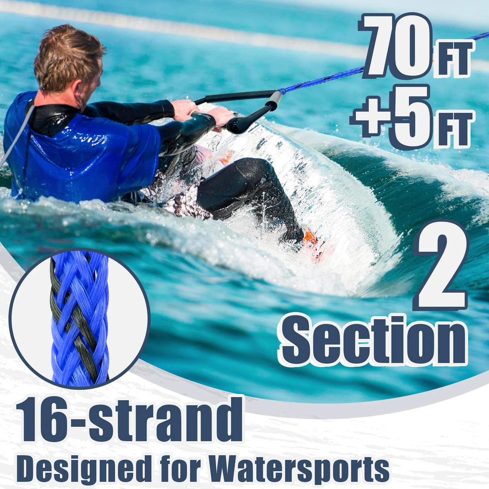 Cuerda de wakeboard de 75 pies con asa para wakeboard, esquí acuático y wakesurf
