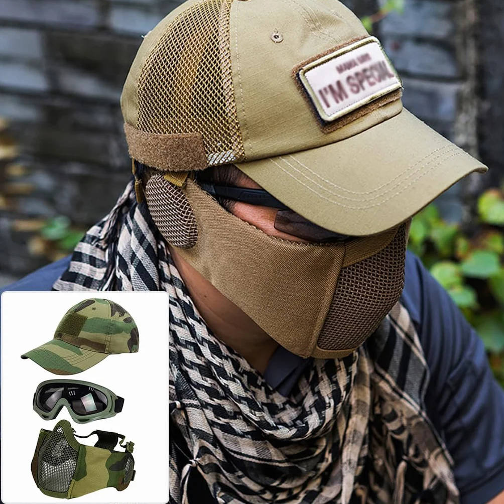 Juego de 3 máscaras tácticas de Airsoft para béisbol,máscara de Malla de Media Cara Ajustable con protección para los oídos,Gafas Anti UV,Gafas de Airsoft para Aire Libre
