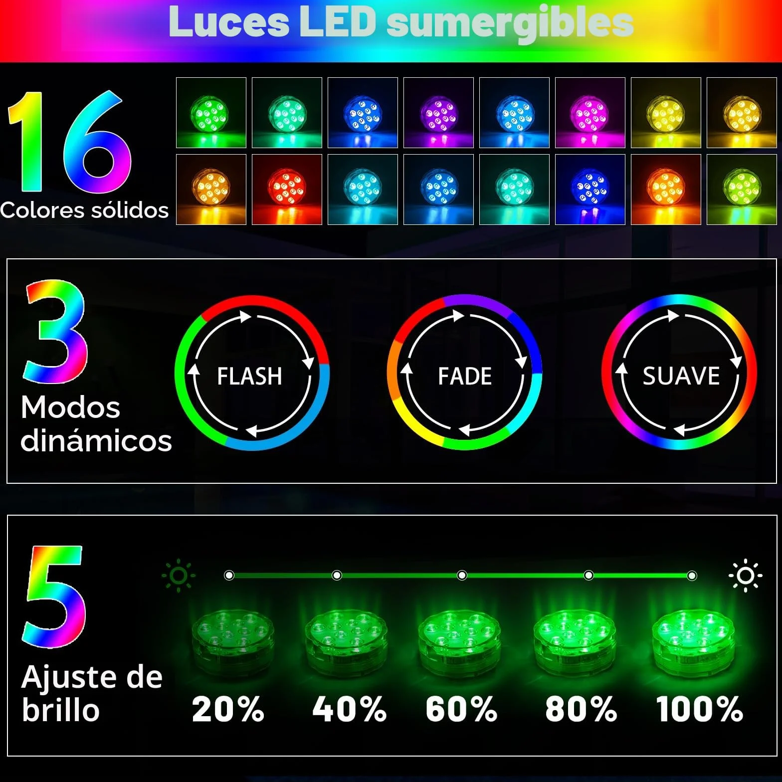 Luces Led Sumergibles RGB Multicolor Impermeables Control Remoto 2 Set