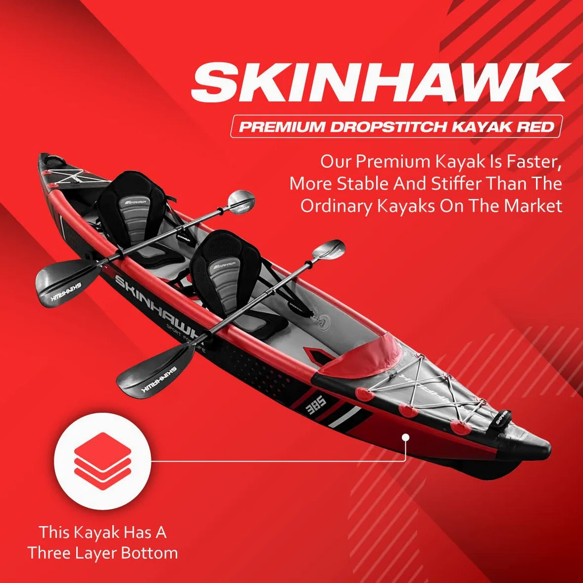 Skinhawk Premium Full Drop Stitch Kayak 385 Rojo Inflable Canoa para Inflable, Kayak de Aventura, 385 x 85 cm