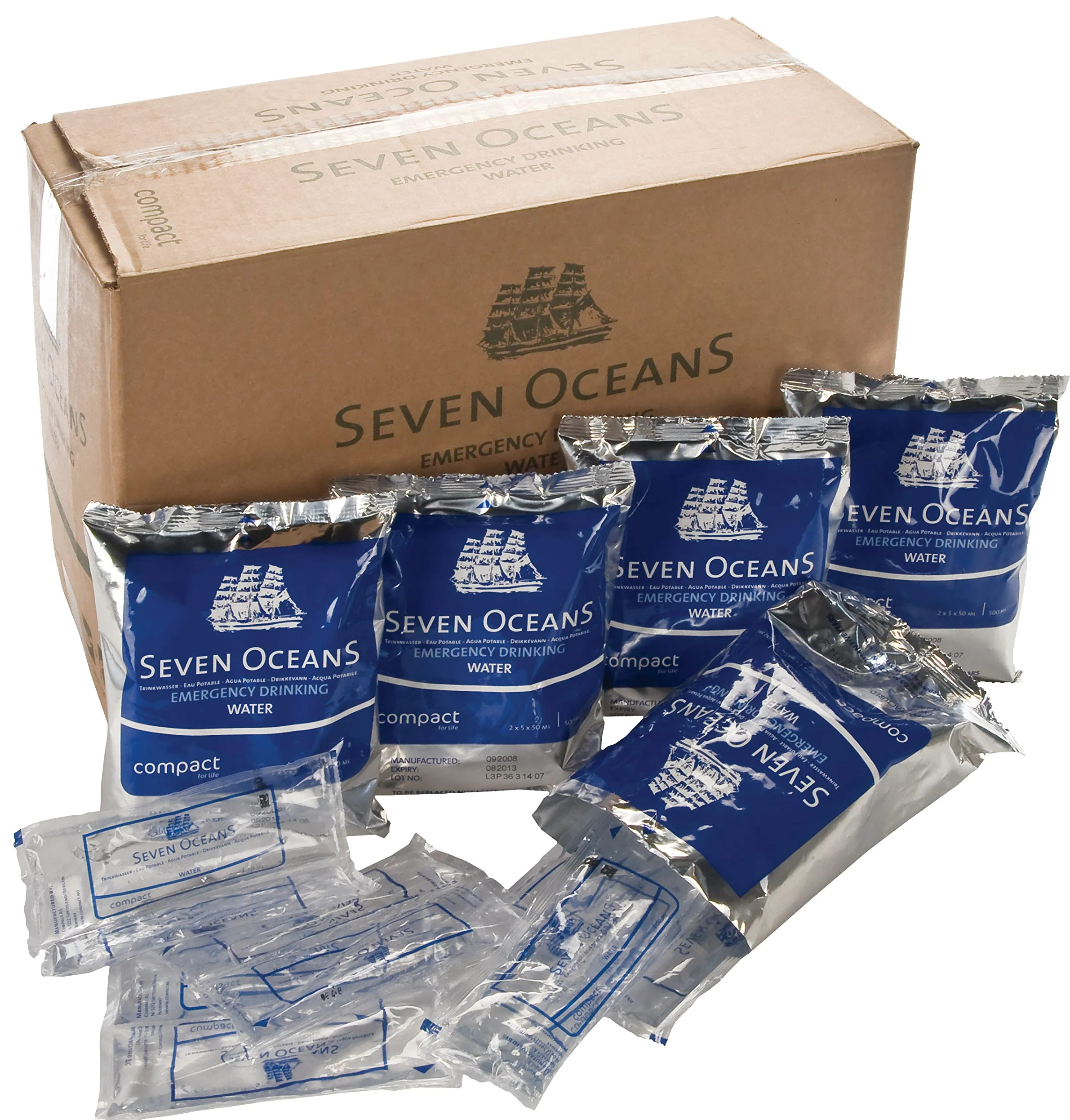 Seven Oceans Wasser Purificada Agua de Emergencia 15 Litros - 30 Paquetes de 500 ml - Resistente y No Rompible - Sin Cloro ni Químicos - Aprobado por Autoridades Marítimas Internacionales
