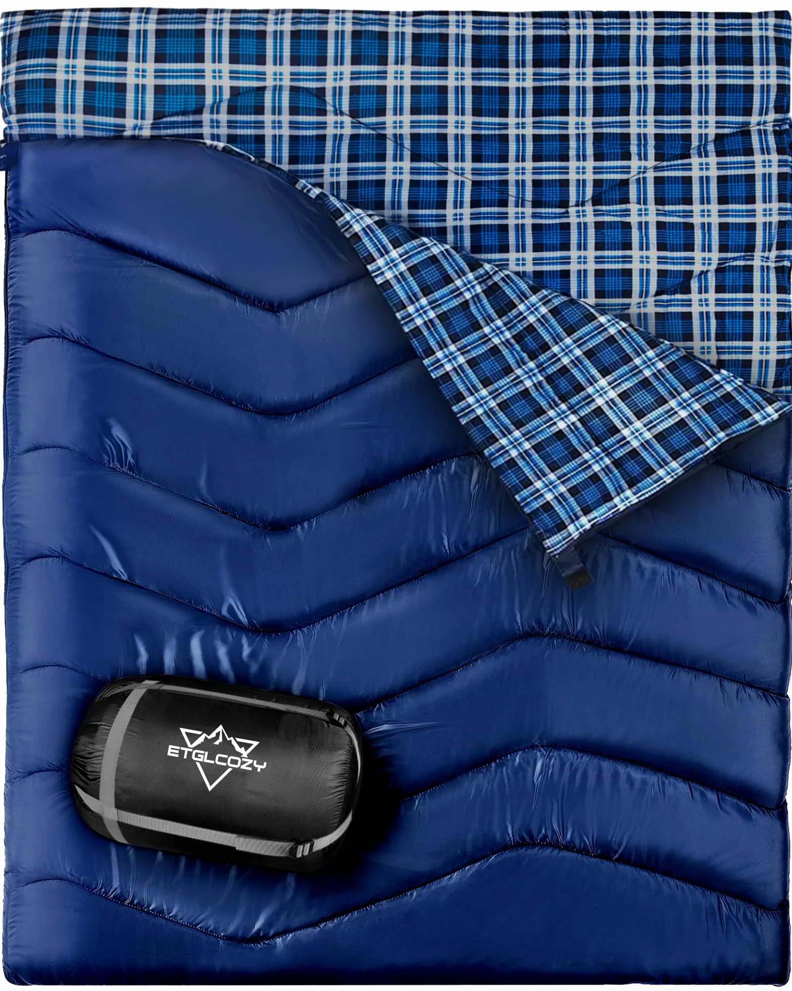 Double Sleeping Bag for Adults Camping, XL Queen Size 2 Person Cotton Flannel Sleeping Bags for All Season Hiking Backpacking, Lightweight Waterproof for Cold Weather & Warm