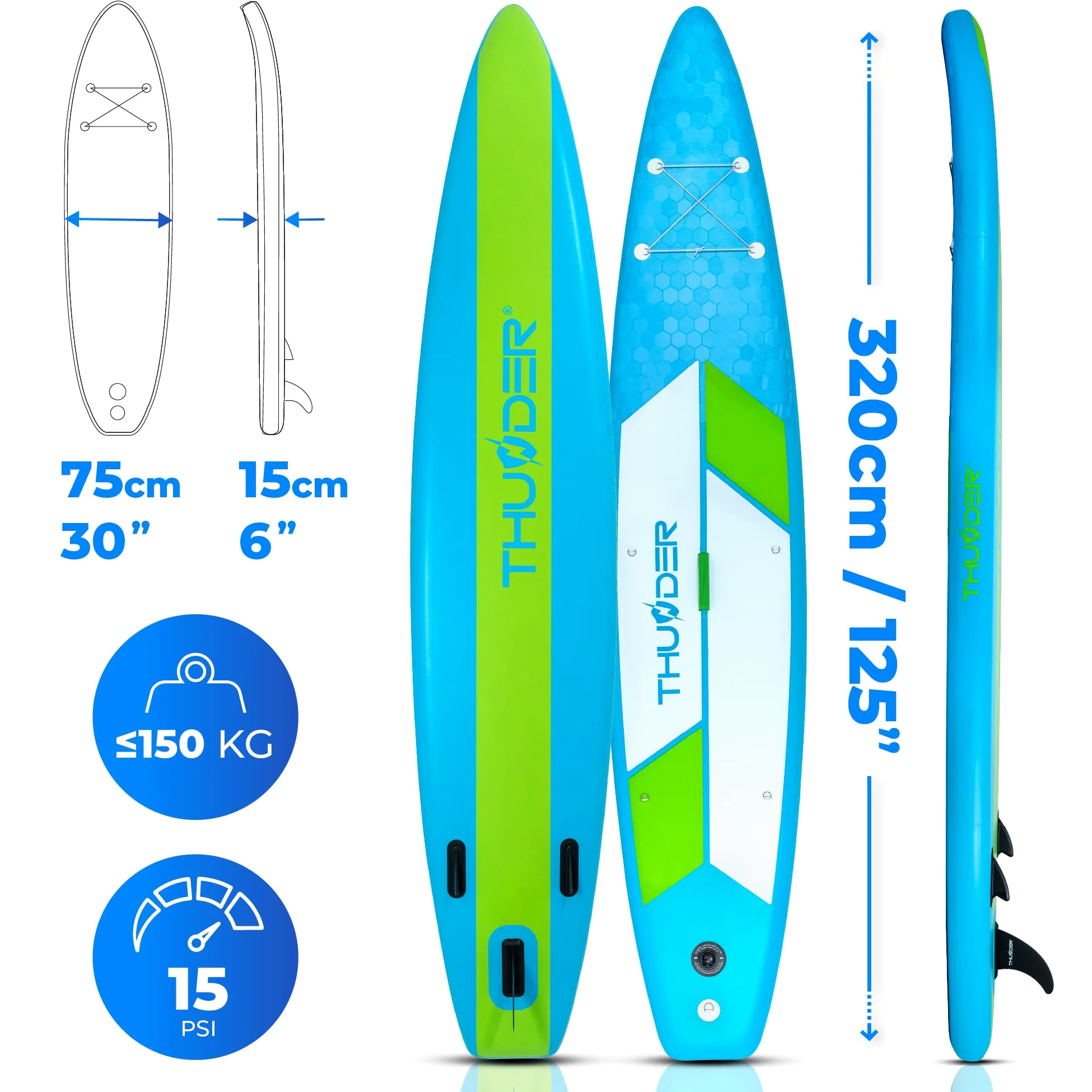 THUNDER - Tabla Sup inflable de 380 cm con asiento kayak – Stand Up Paddle Board Set con bomba, remo y mochila – Sup Touring para adultos y principiantes hasta 150 kg