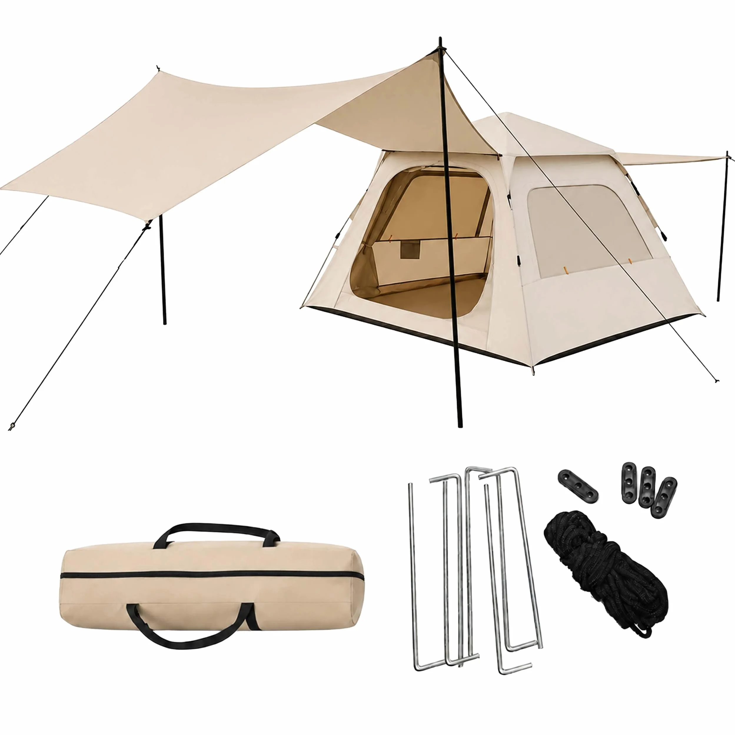 Relaxdays Tienda de campaña automática 3-4 Personas, Beige | montaje rápido, protección UV, con toldo, 155x240x240 cm