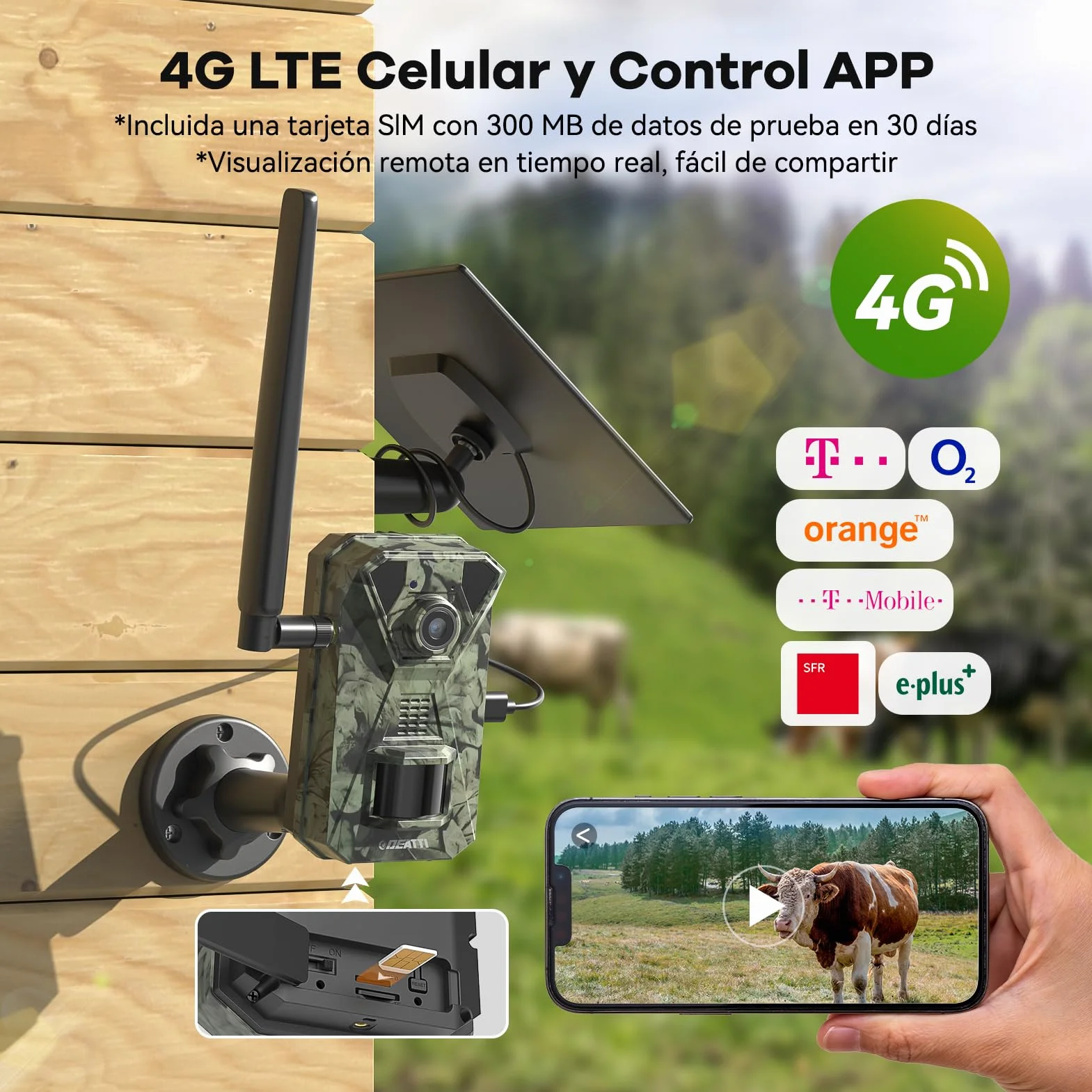DEATTI Camara Fototrampeo Solar 4G LTE Camara Caza, Tarjeta SIM Camara de Caza Nocturna 940nm Invisibles IR Leds IP66 Impermeable, con Batería Incorporada de 7800mAh（Sin Tarjeta SD）