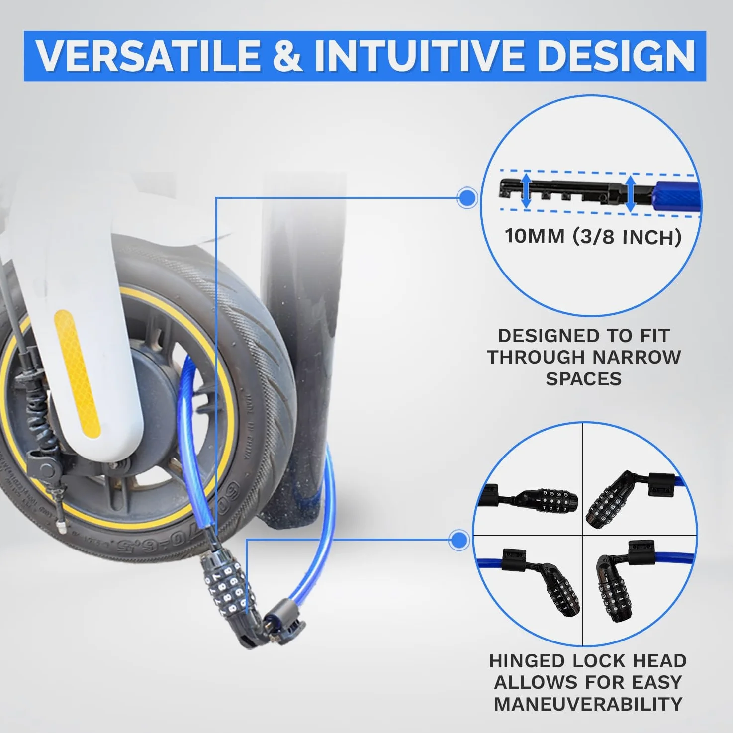 DocksLocks Candado de cable de seguridad antirrobo, azul, 2 pies, cerradura de combinación, resistente a la intemperie, portátil