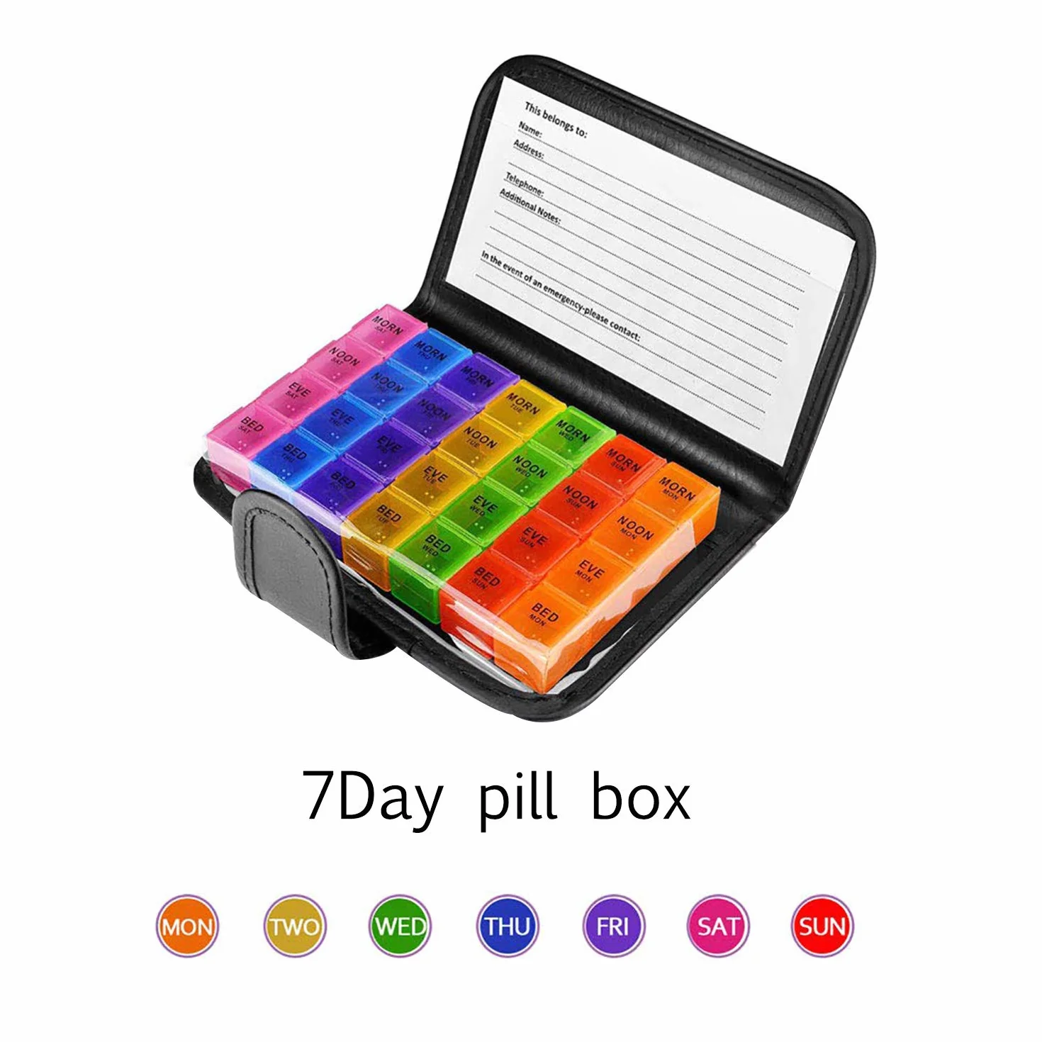 Pastillero Organizador Semanal 7 Días 28 Compartimentos Multicolor con Estuche de Cuero