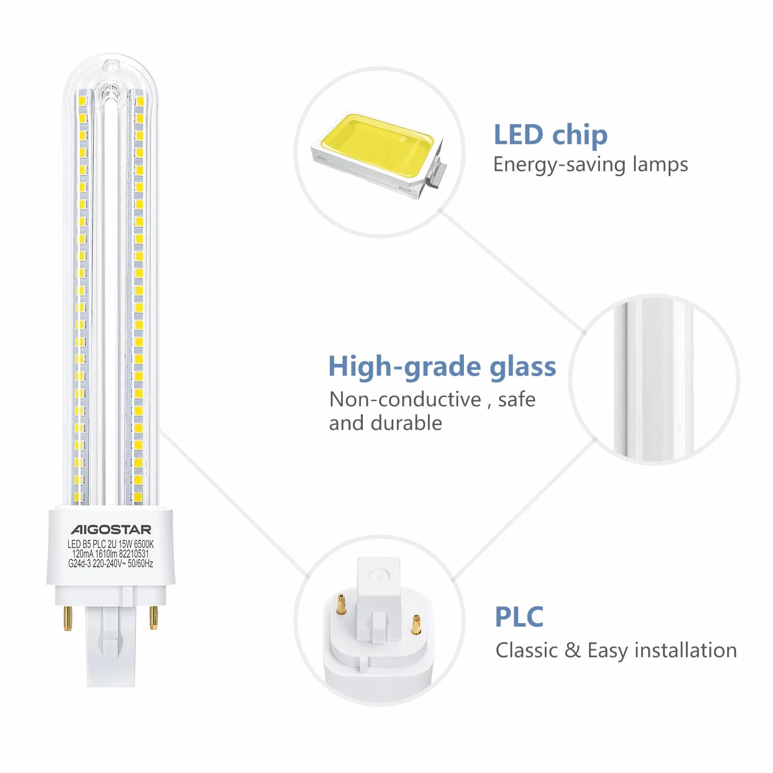 Aigostar Bombilla LED PLC 2U 15W G24d-3 6500K 1610Lm Pack 5