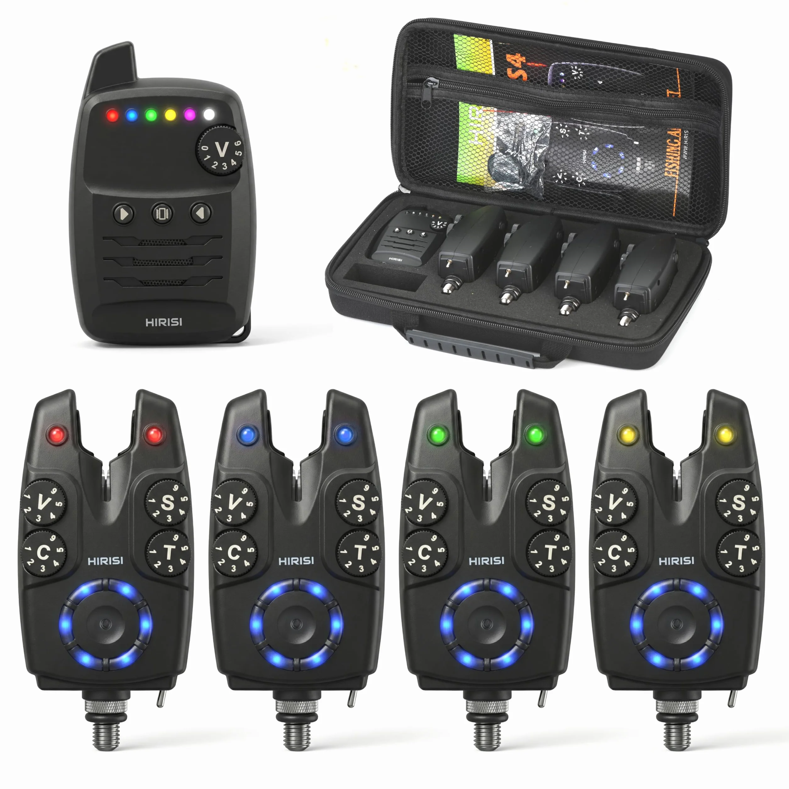 Hirisi Tackle Set de alarma de picada de carpa con mando a distancia, 6 colores ajustables, sensibilidad, volumen y sonido, incluye cordón