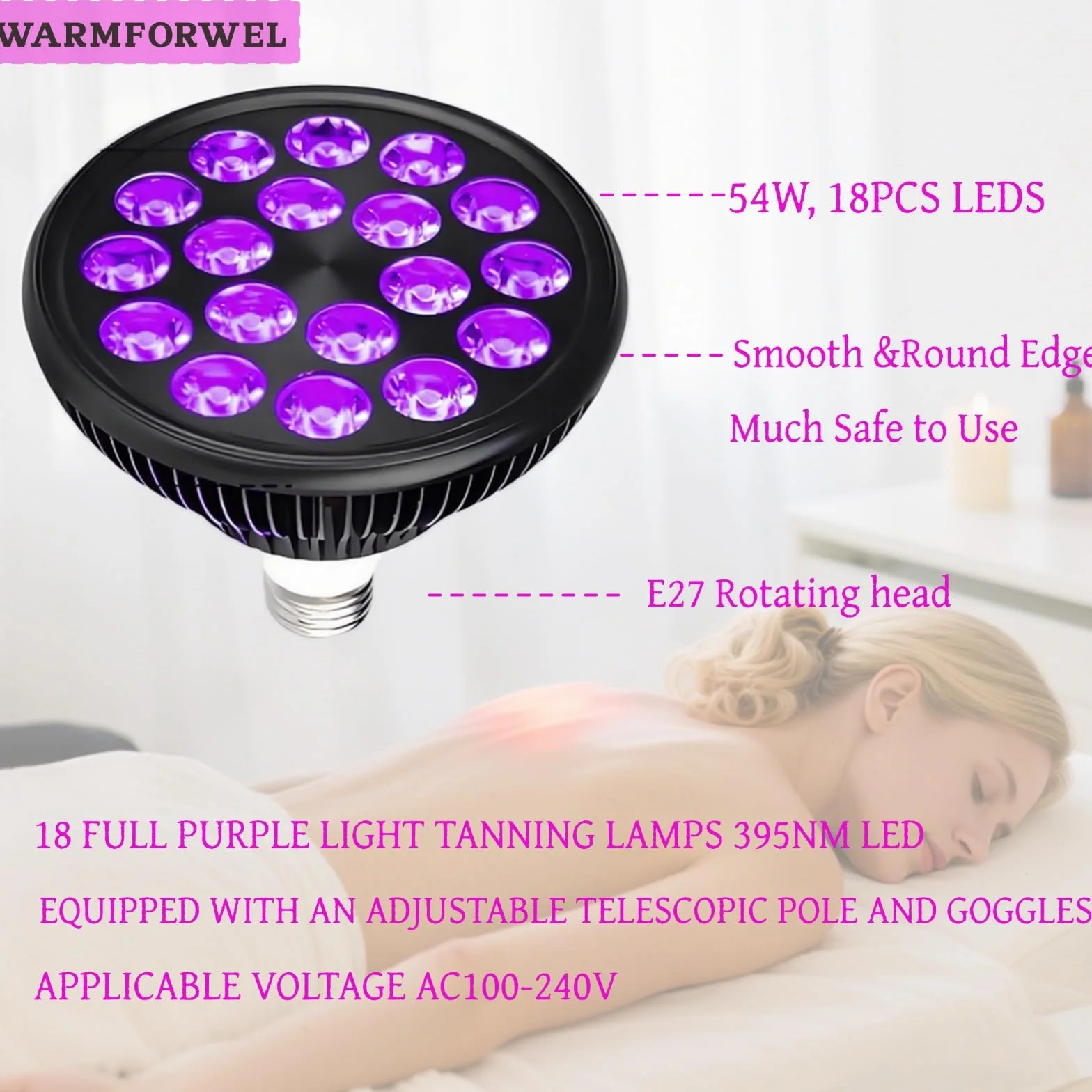 Lámpara de bronceado 54W 18 LED 395nm E27 giratoria ajustable con gafas Solarium