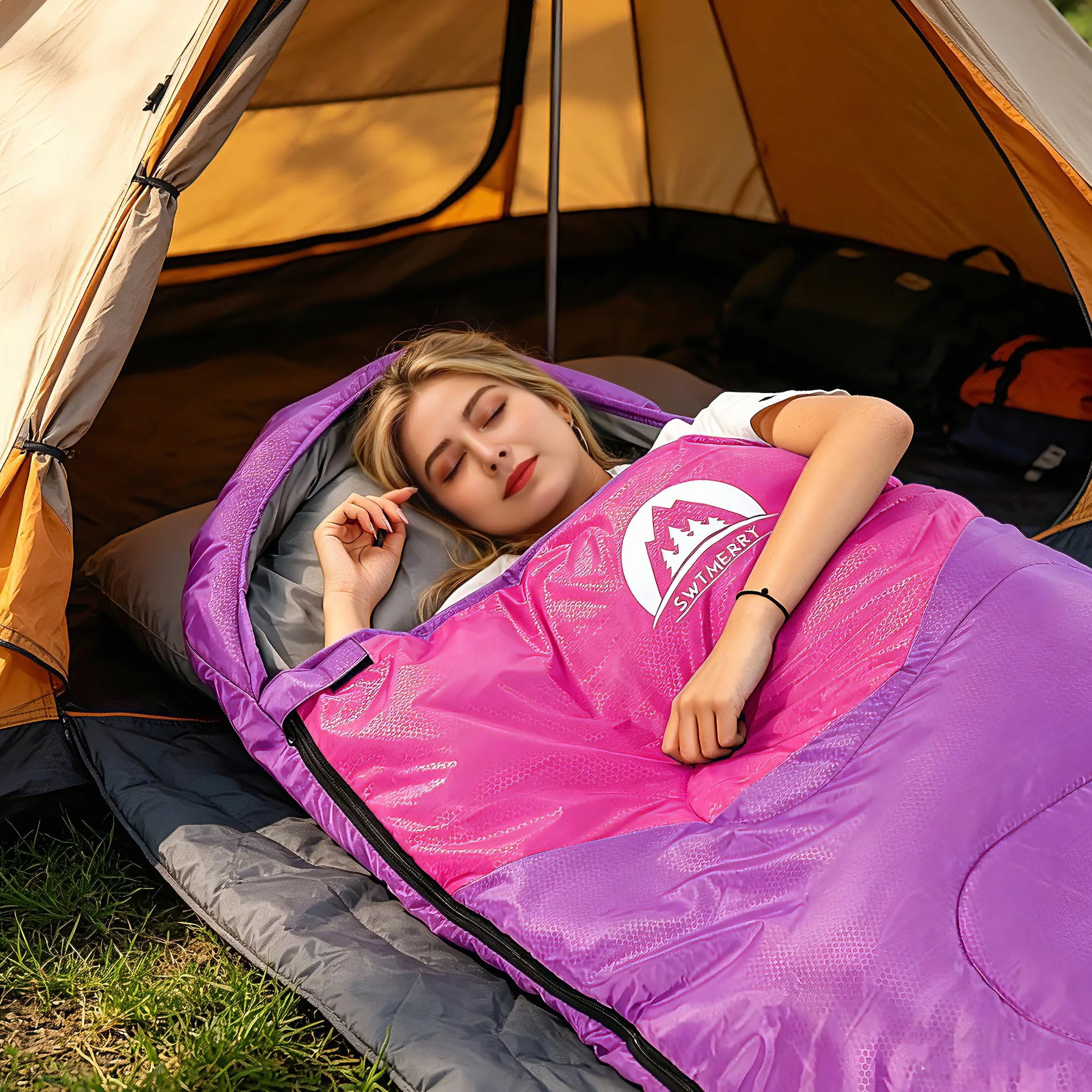 SWTMERRY- Saco de Dormir 4 Estaciones (Verano, Primavera, otoño, Invierno) Clima cálido y frío: Uso Ligero, Impermeable en Interiores y Exteriores para niños Adultos Senderismo Mochilero Camping