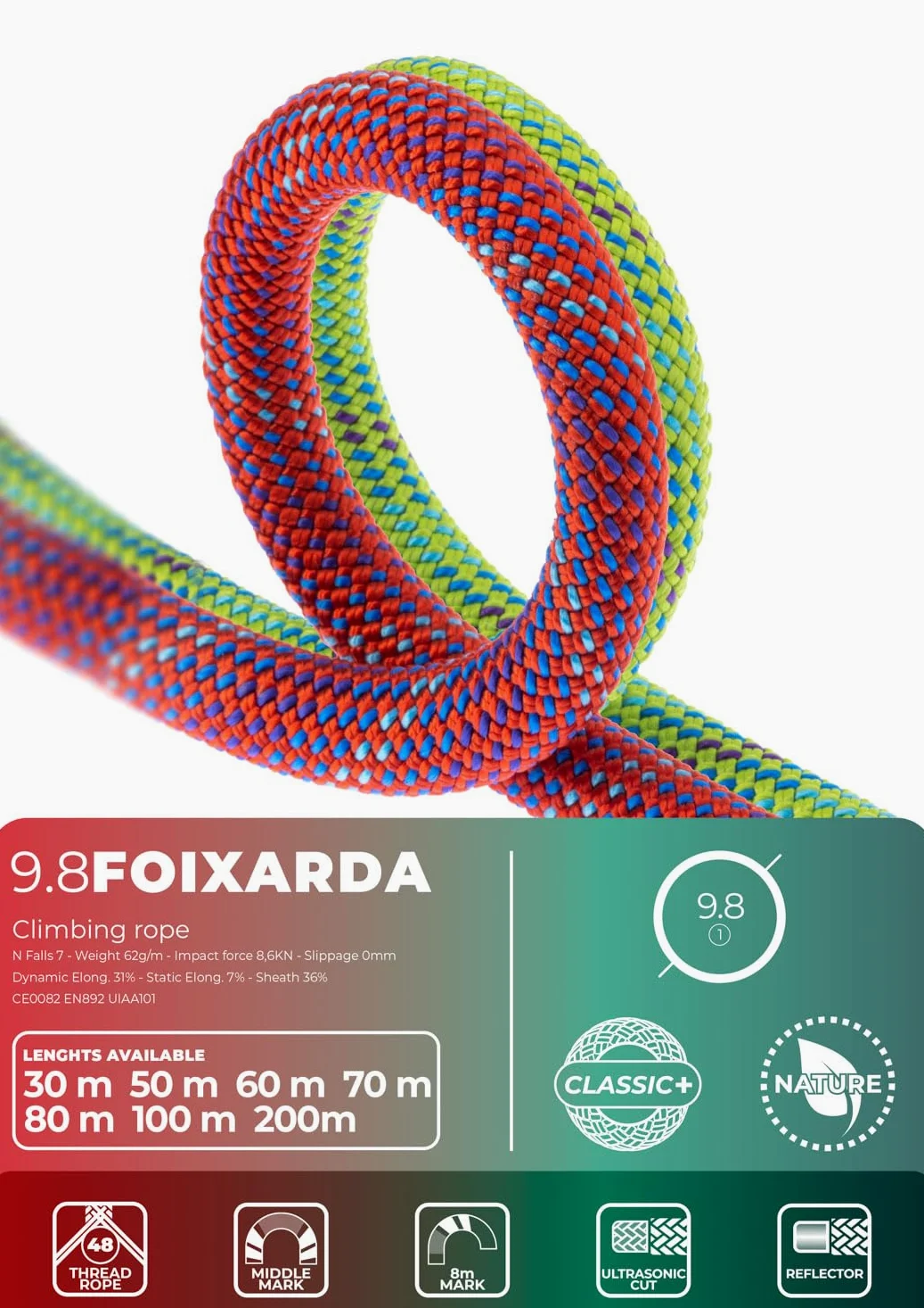 FIXE - Cuerda Dinámica FOIXARDA para Escalada Deportiva - 9,8 mm de Diámetro - Poliamida - Roca y Rocódromo - 80 m - Color Verde