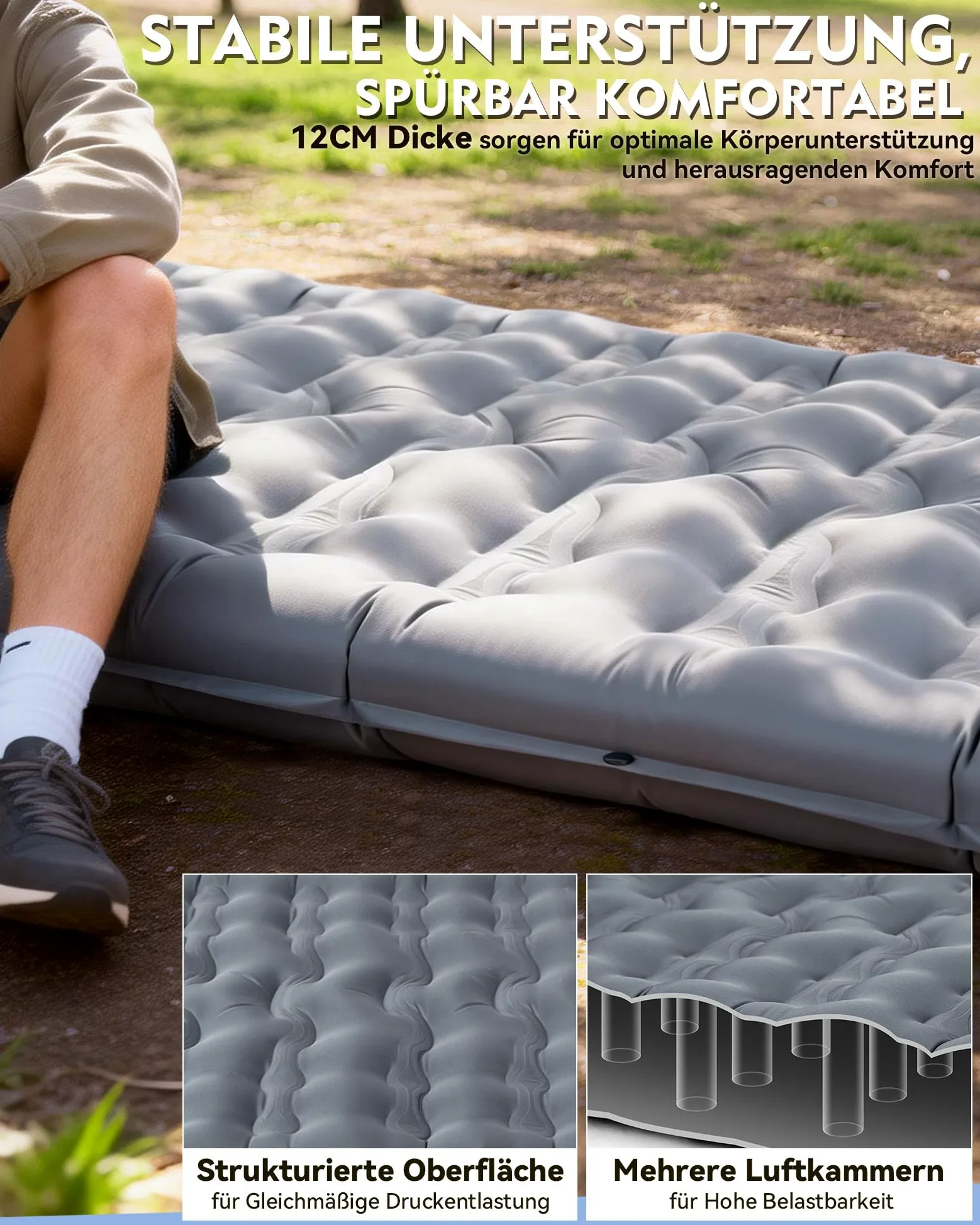 HIKENTURE Esterilla isotérmica para camping, 12 cm, ultragruesa, ultraligera, con almohada, colchón inflable, tamaño pequeño, colchón de aire hinchable, colchoneta para dormir con bomba de pie para
