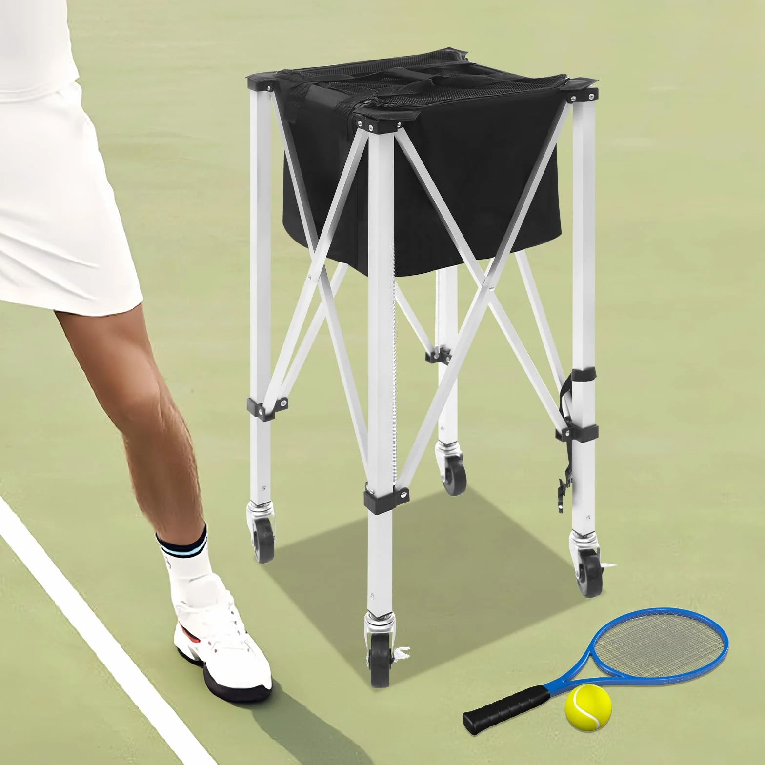Portapelotas de tenis portátil, cesta de tenis plegable, soporte de pelota de tenis con ruedas, para el juego de tenis en clubes de tenis, escuelas y parques.
