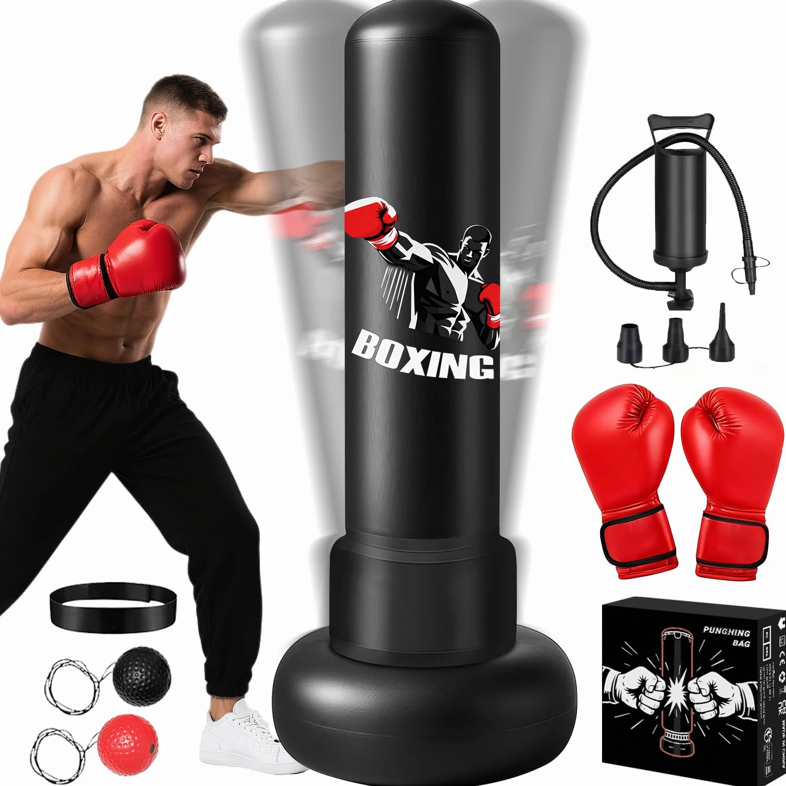 Ninonly Saco de Boxeo para Adultos 190cm Saco de Boxeo Inflable Pesado con Guantes de Boxeo, Bomba y Pelota de Reflejos,Base Grande Mejorado para Hombres y Mujeres,Entrenamiento MMA Muay Thai Fitness