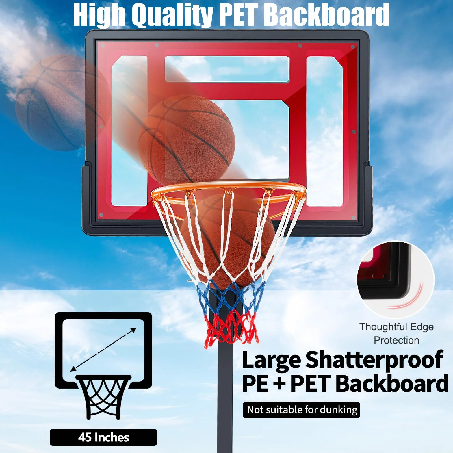 KOMFOTTEU Canasta de Baloncesto Altura Ajustable 105-260 cm Portátil con Ruedas Base Rellenable