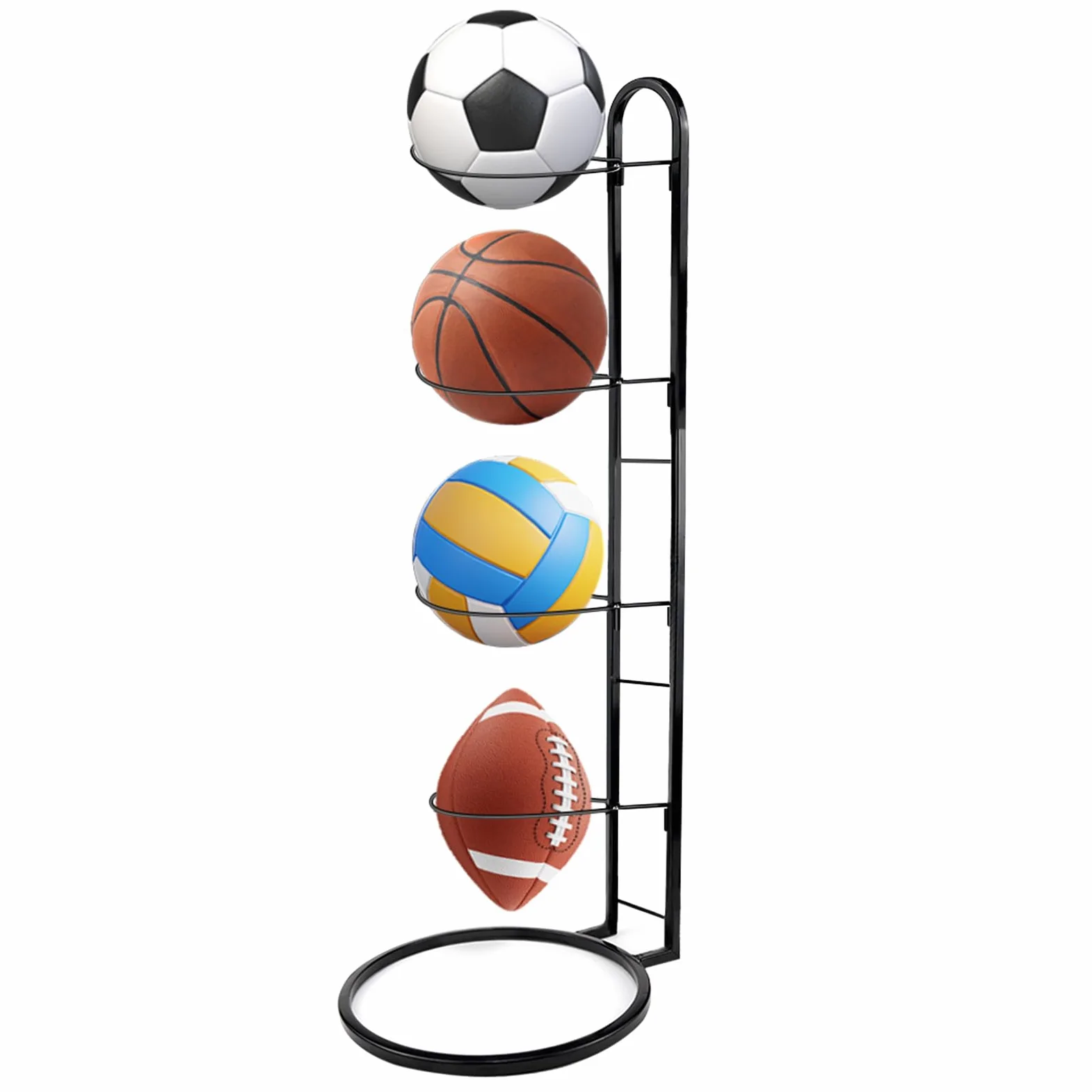 Soporte para pelotas de pie, 4 niveles, soporte para bolas, soporte para bolas, soporte para pelotas (extraíble, negro), adecuado para fútbol, baloncesto, voleibol y rugby