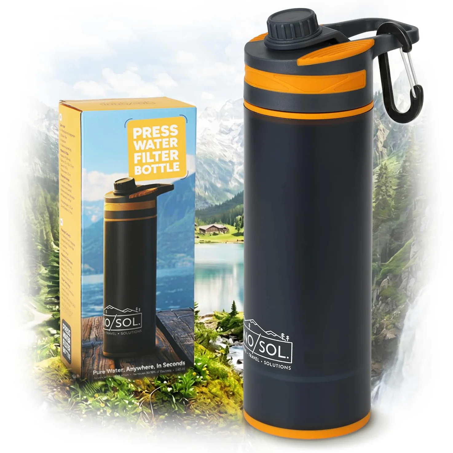 Botella con filtro de agua supervivencia, 500 ml, con mosquetón | Para senderismo y emergencias: jarra de agua con filtro que hace potable cualquier río en segundos