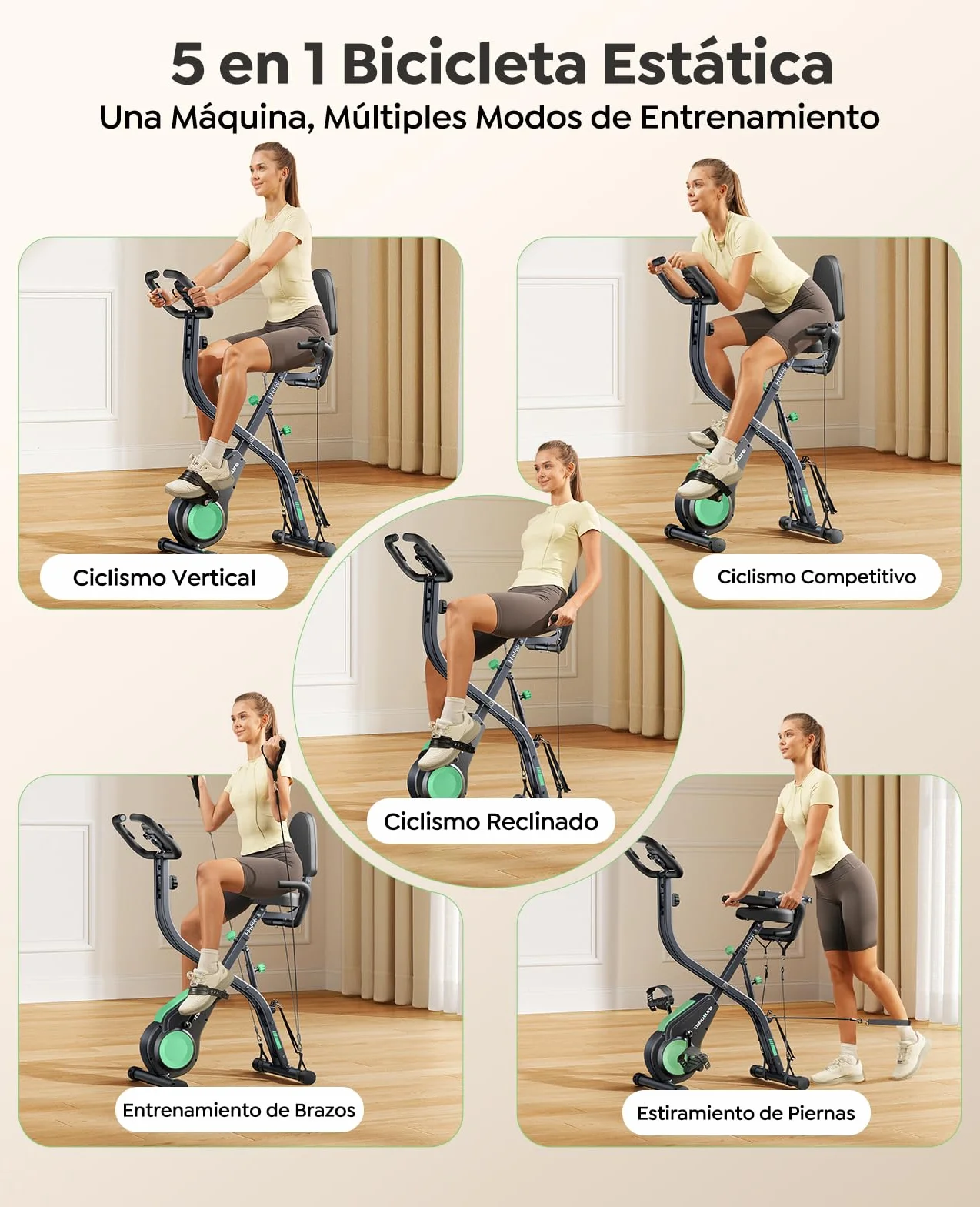 2026 Toputure Bicicleta Estática Plegable 5 en 1 con APP, Bici Estática con Respaldo, Pulsómetro, LCD y 16 Niveles de Resistencia para Casa, Base Ancha y Estable, Bandas de Resistencia, Máx140KG