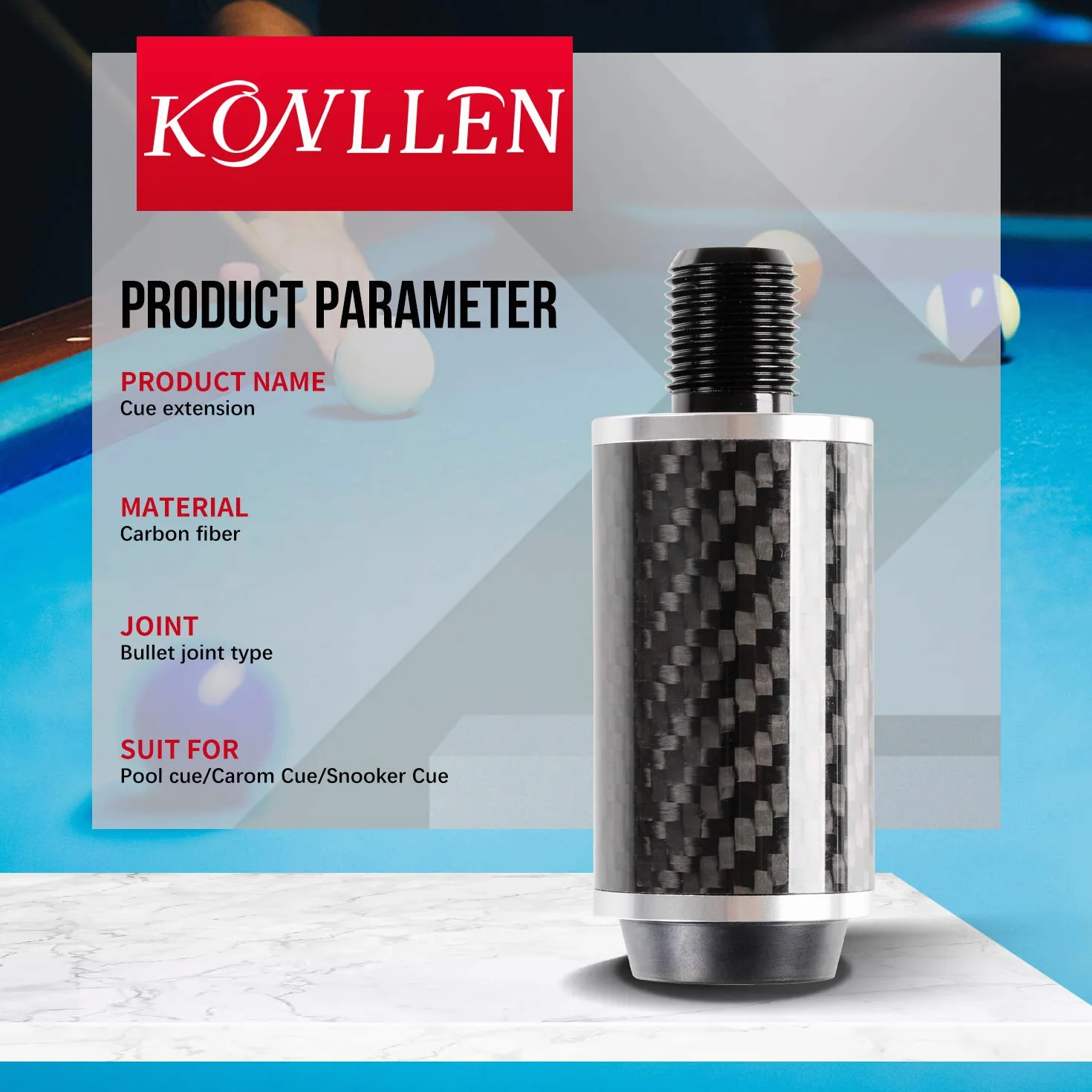 KONLLEN Extensión de taco de piscina con 3 topes de fibra de carbono para billar 2 pulgadas