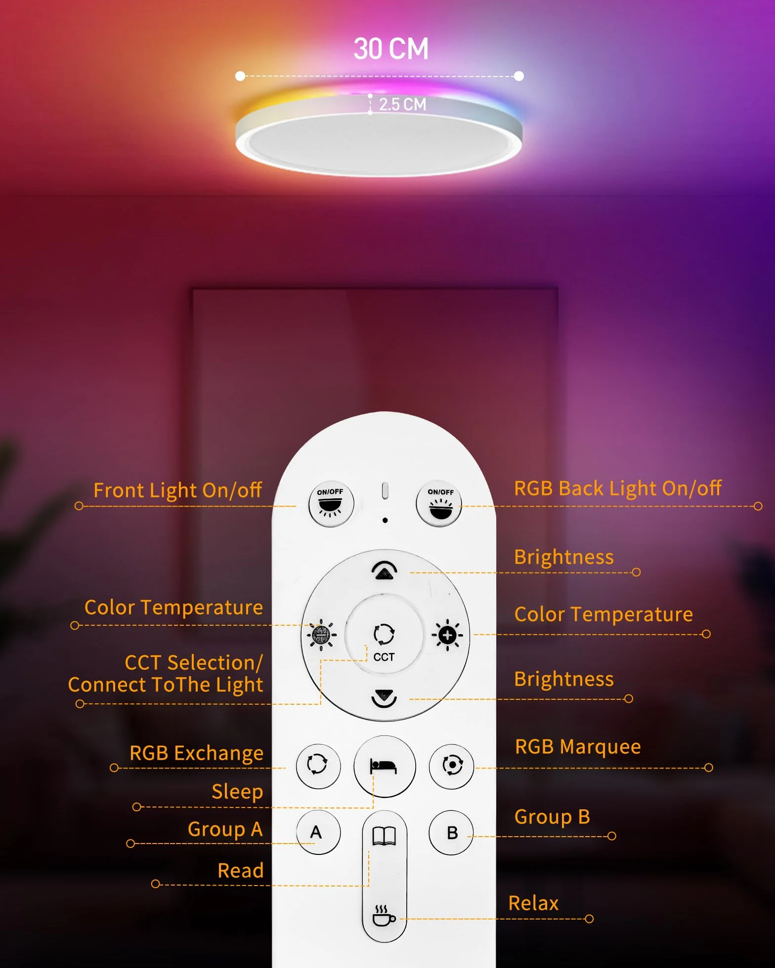 Plafón LED Inteligente 24W Regulable con Mando WiFi RGB, Compatible con Alexa y Google Home, Lámpara de Techo Ultrafina